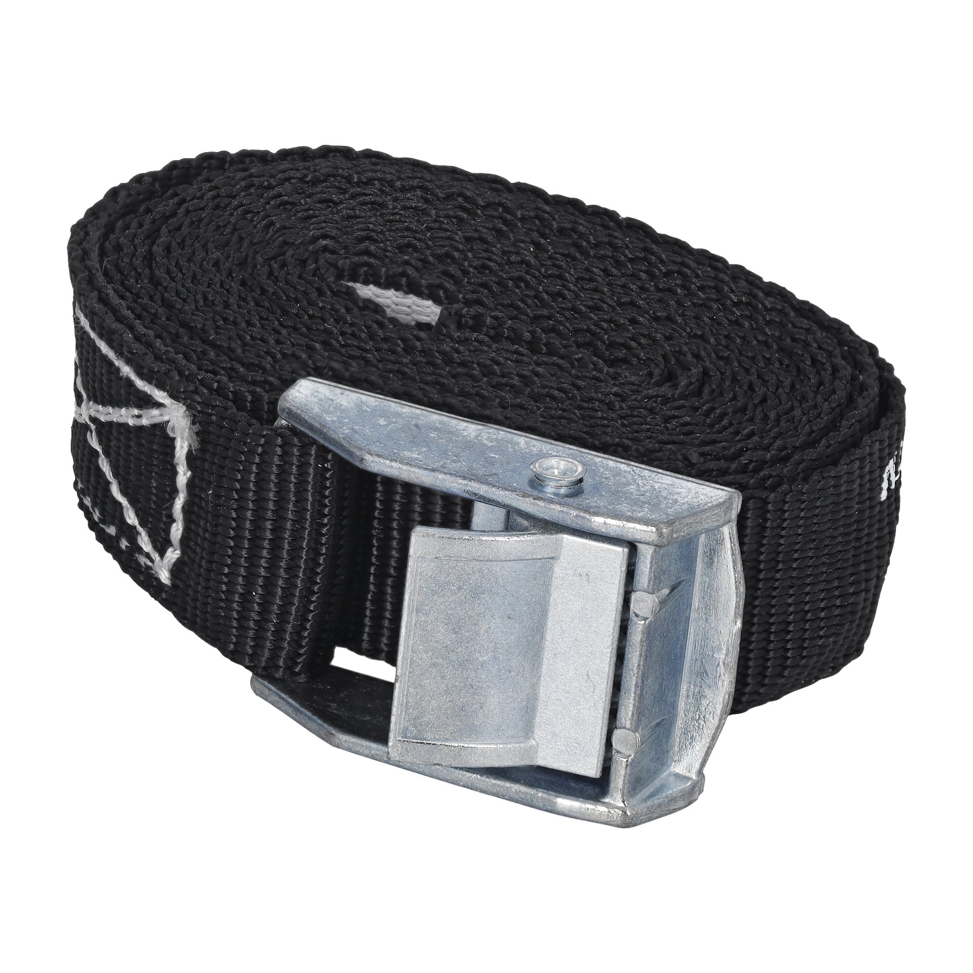 En Hamron Tension Straps 2-pakke vises: en svart nylonstropp rullet sammen, utstyrt med metallspenne og spakmekanisme. Hvite søm vises nær den ene enden av stroppen.