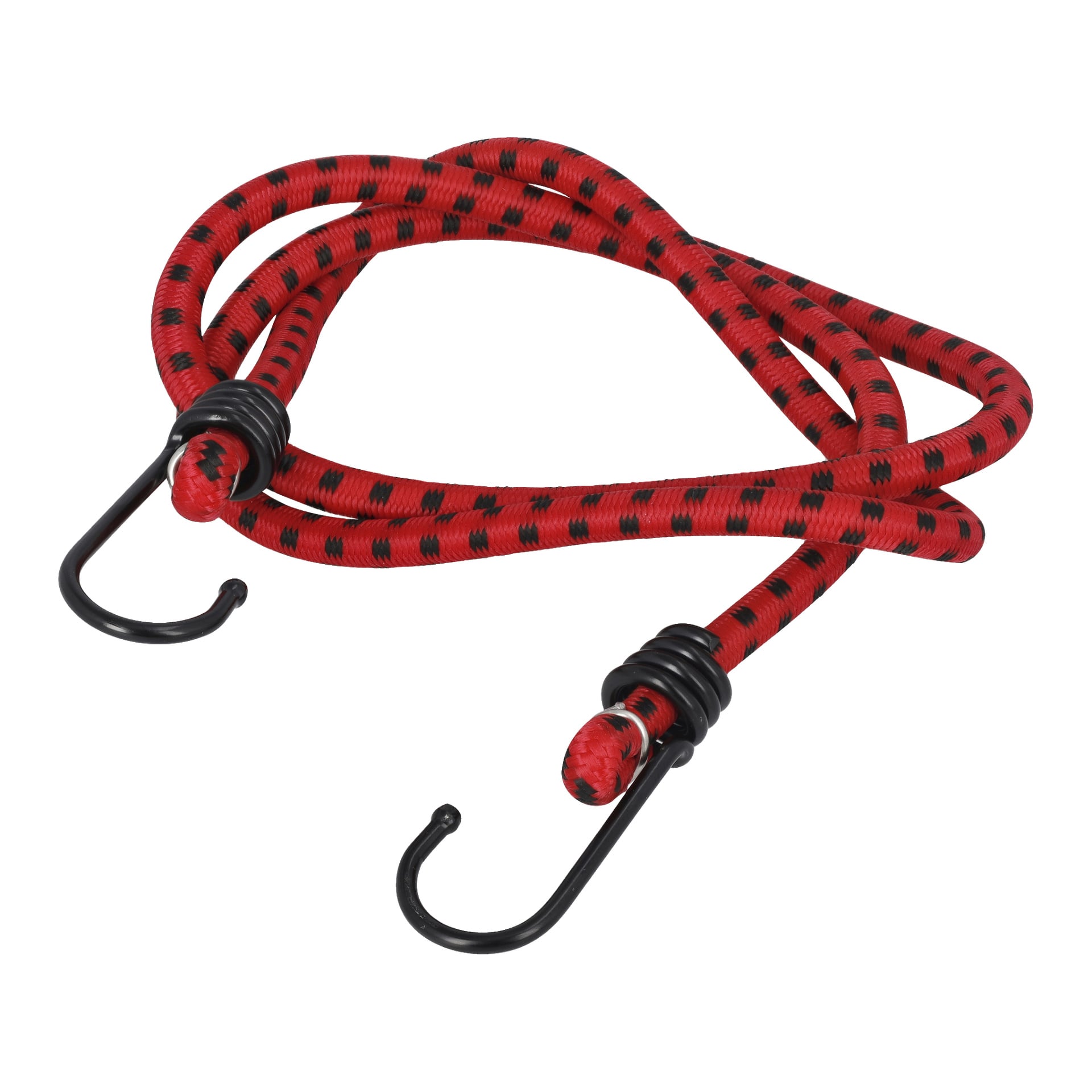 Ett sexpack med röda och svarta bungee-rep från Hamron, var och en med metallkrokar i båda ändar, är lindat i en lös ögla. Förpackningen lyder "Bungee cords 6 pack" och "Hamron."