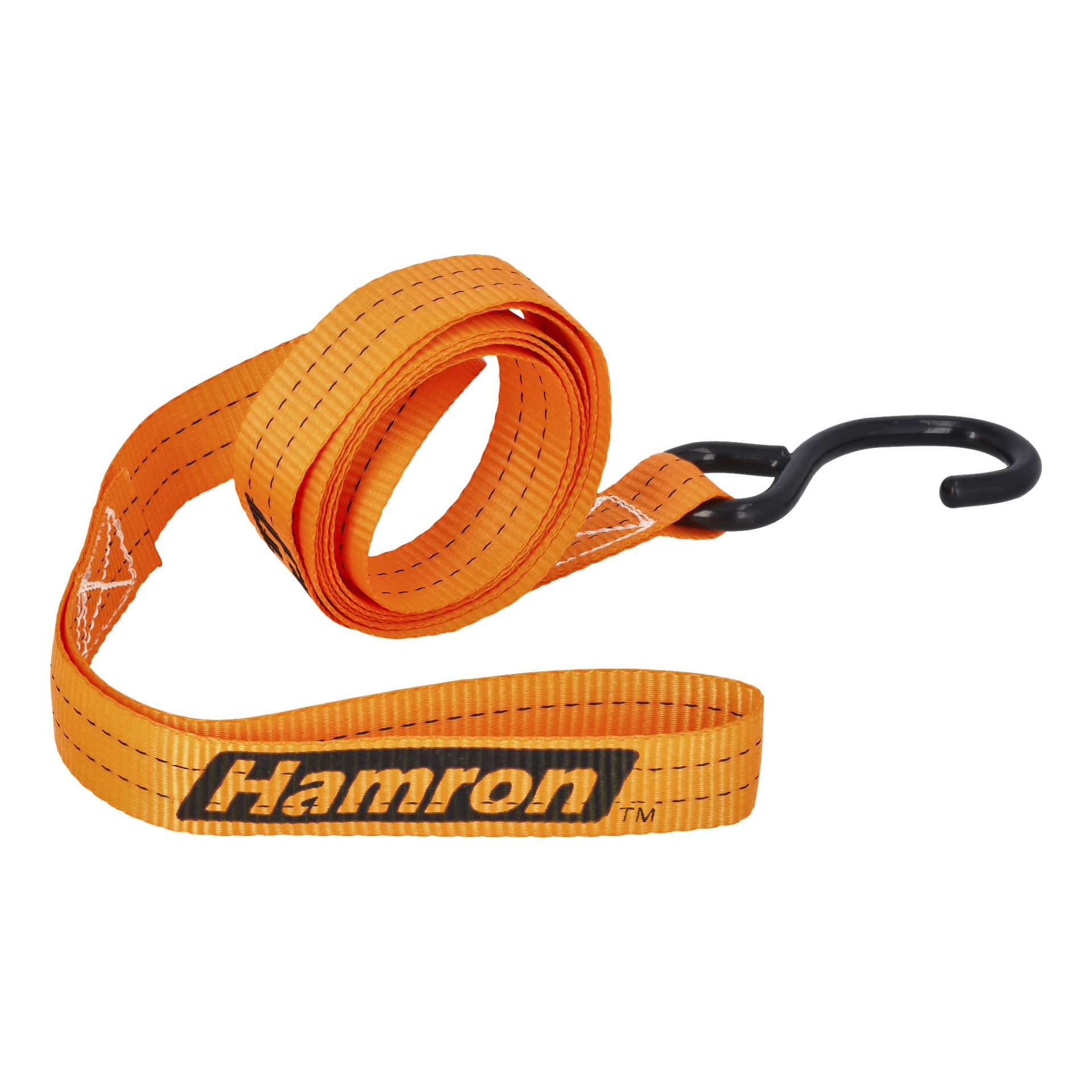 Jaskrawo pomarańczowy syntetyczny pasek z dwuczęściowego paska Hamron Two-part strap 2 jest pokazany w zwiniętym, z czarnymi przeszyciami i solidnym czarnym metalowym haczykiem przymocowanym na jednym końcu, przeznaczonym do solidnego mocowania przedmiotów podczas transportu.