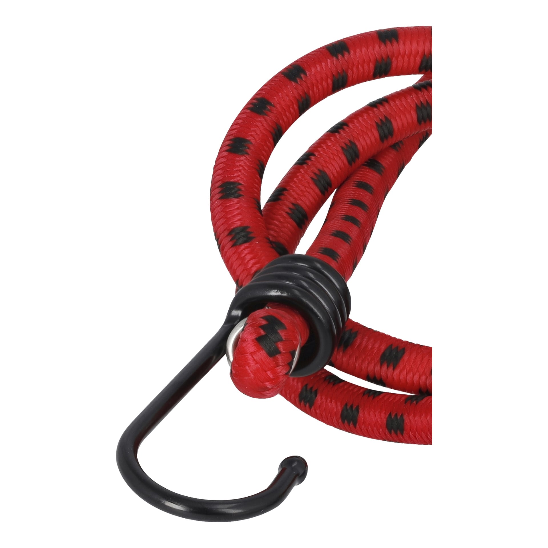 En närbild av en Hamron Bungee cords 6-pack med röda och svarta flätade snören, var och en försedd med svarta metallkrokar, lindade i öglor. Förpackningen visar den citerade texten: "Hamron Bungee Cords 6 Pack."