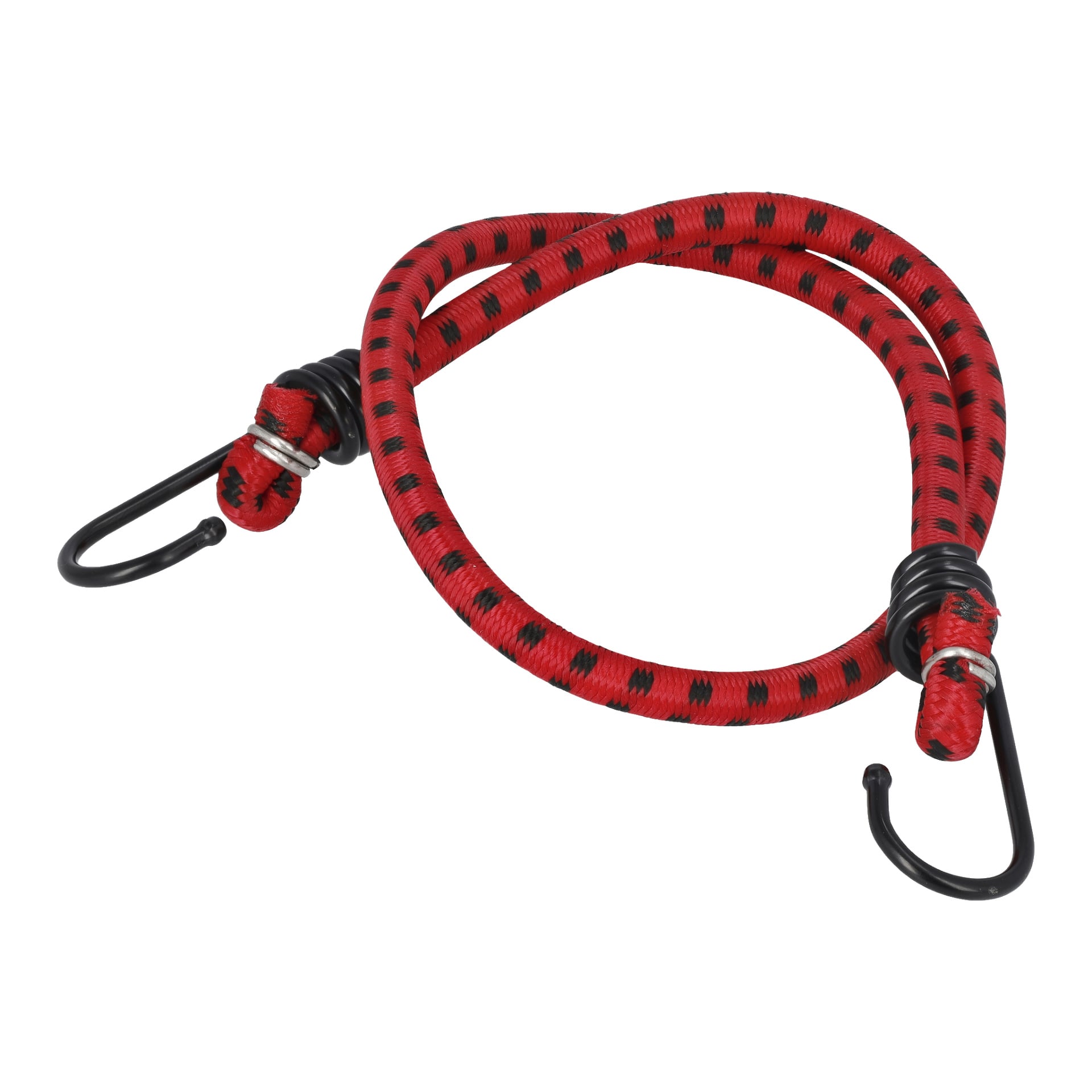Ett paket med sex röda bungee-snoddar från Hamron, var och en med svarta ränder och svarta krokar i båda ändar, löst lindade. Förpackningen säger "Bungee cords 6 pack".