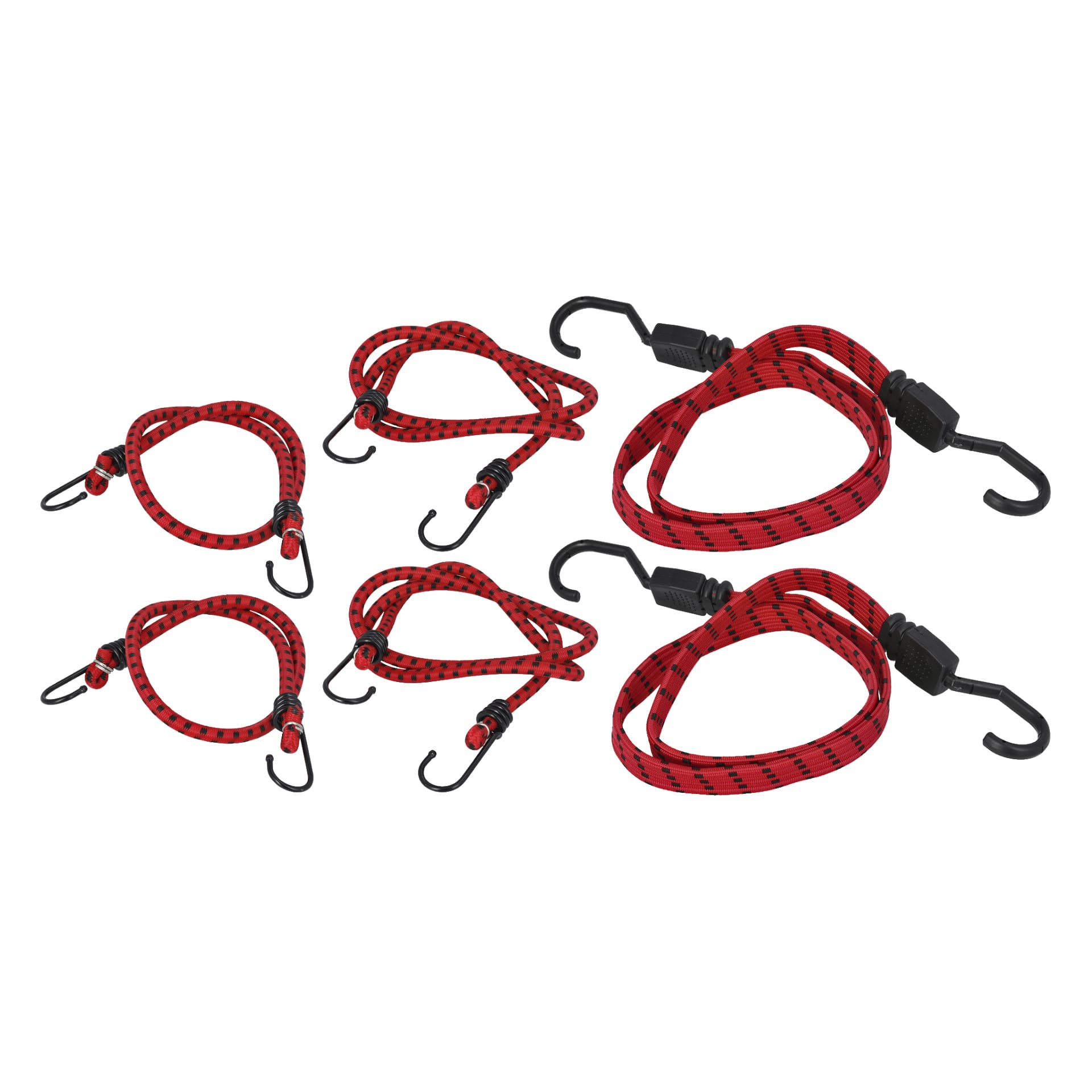 Sex Hamron Bungee cords 6-pack innehåller fyra korta och två långa sladdar, var och en med ett rött och svart mönster samt svarta plastkrokar.
