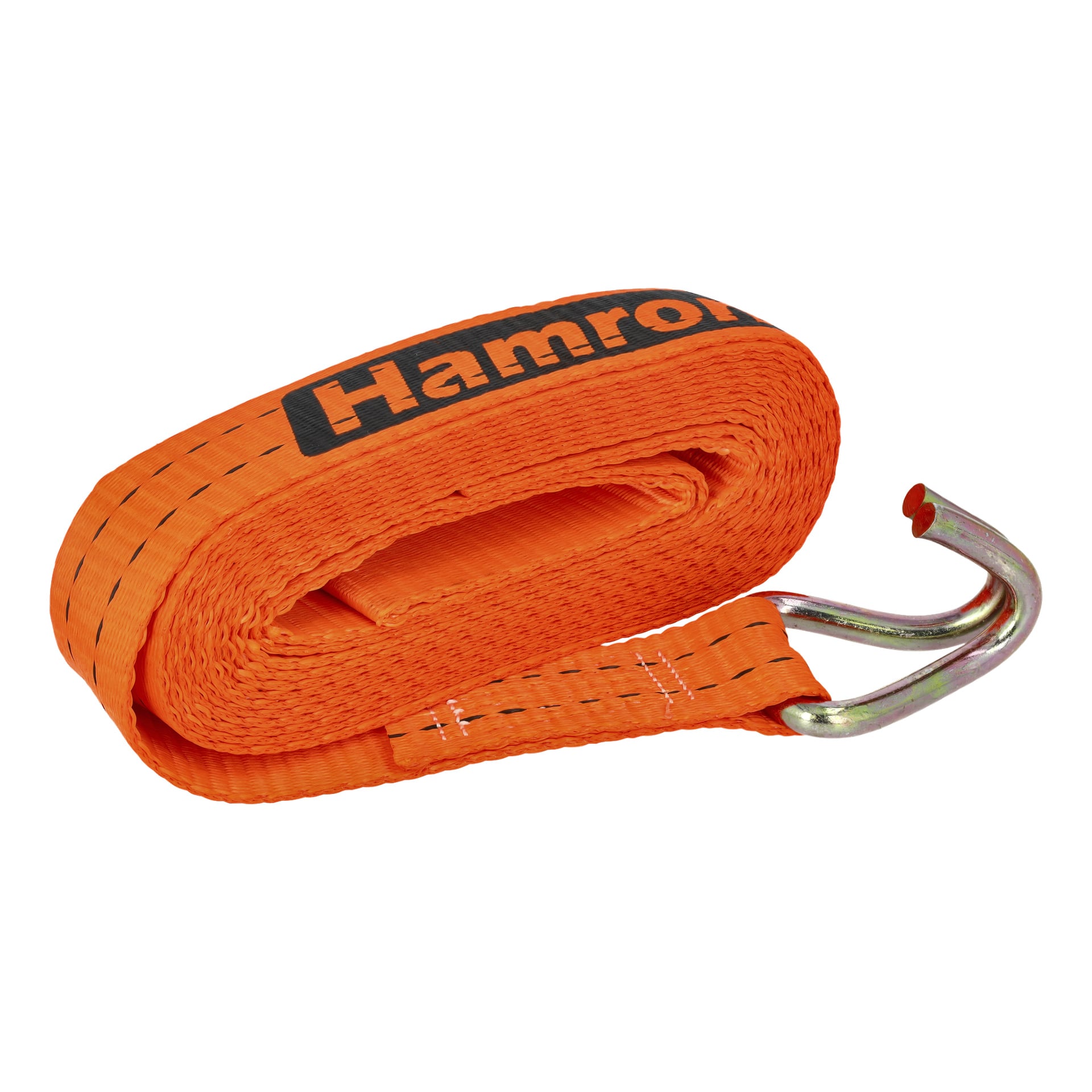 Ein orangefarbener Hamron-Sicherungsriemen mit schwarzer Naht, ordentlich aufgerollt und an einem Ende mit einem Metallhaken ausgestattet. Der Riemen trägt den Markennamen "Hamron", der teilweise in schwarzen Buchstaben sichtbar ist.