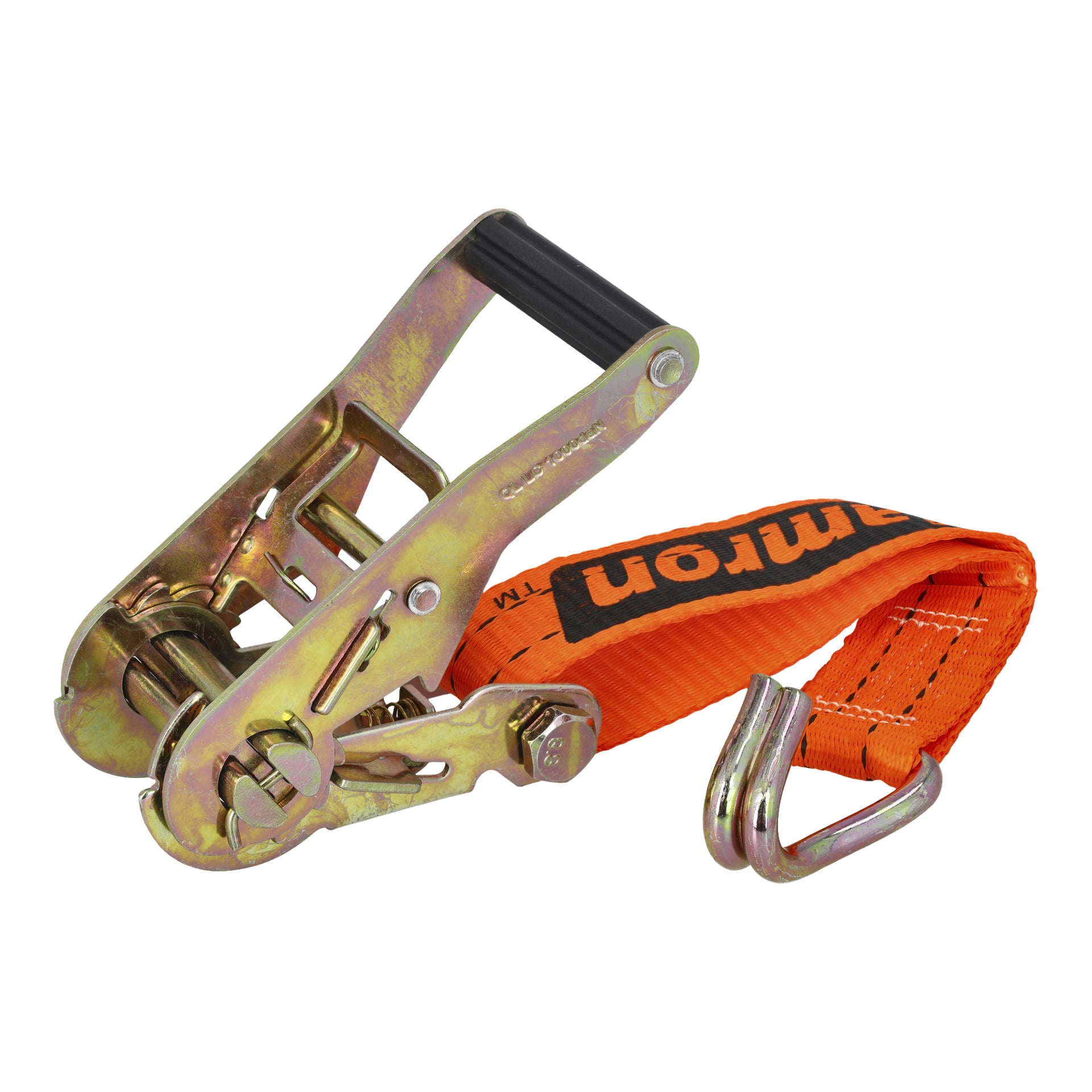 Hamron Retaining Strap to metalowy pasek typu grzechotki z jaskrawo pomarańczową poliestrową taśmą i haczykiem na jednym końcu do mocowania ładunku. Uchwyt zawiera częściowo plastikowy chwyt.