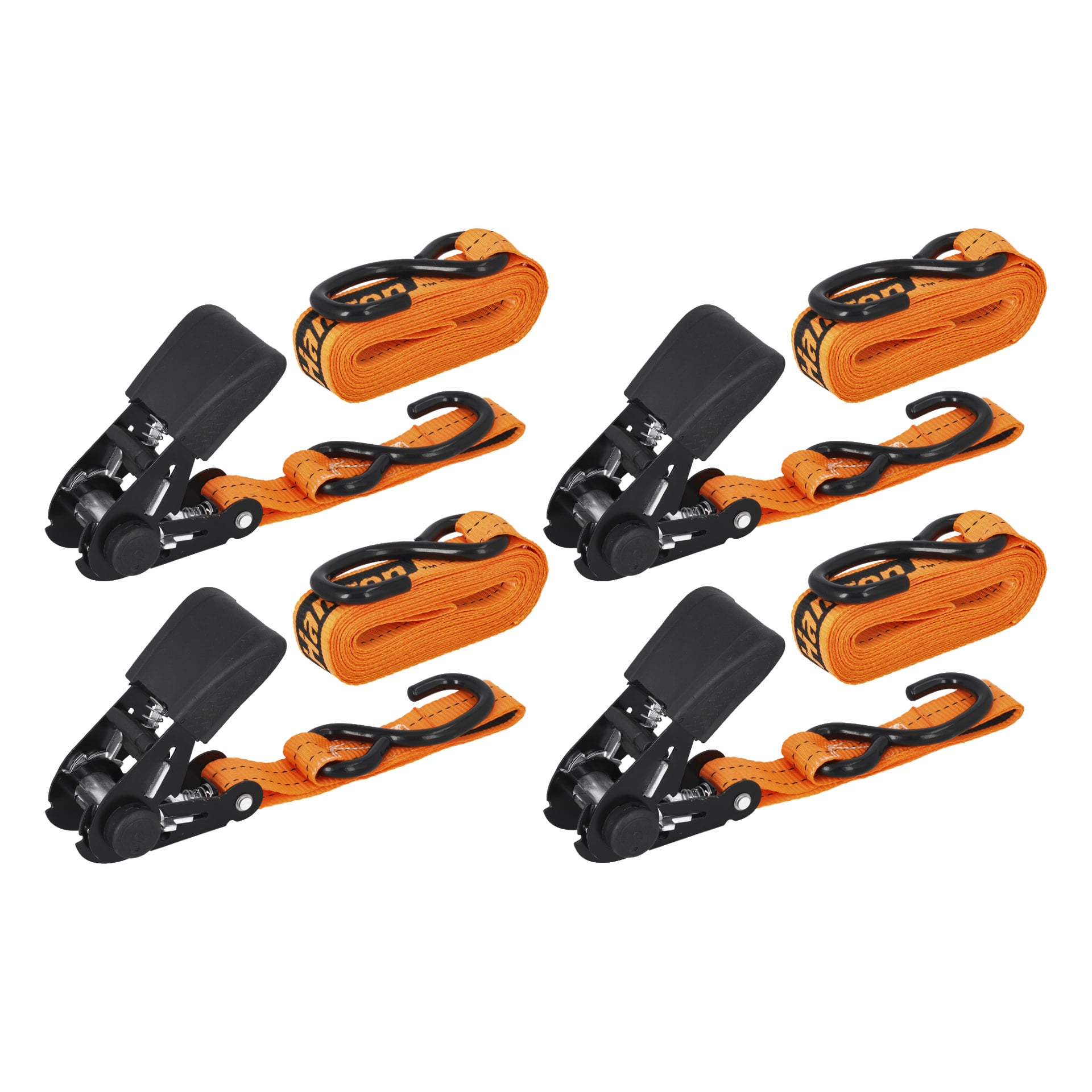 Fyra Hamron Retaining Strap spärrspänn, sålda som 4-pack, visar livfullt orange spiralband tillsammans med svarta krokar och handtag, prydligt organiserade i ett rutnät. Varje del består av en spärrmekanism och dess tillhörande rem.