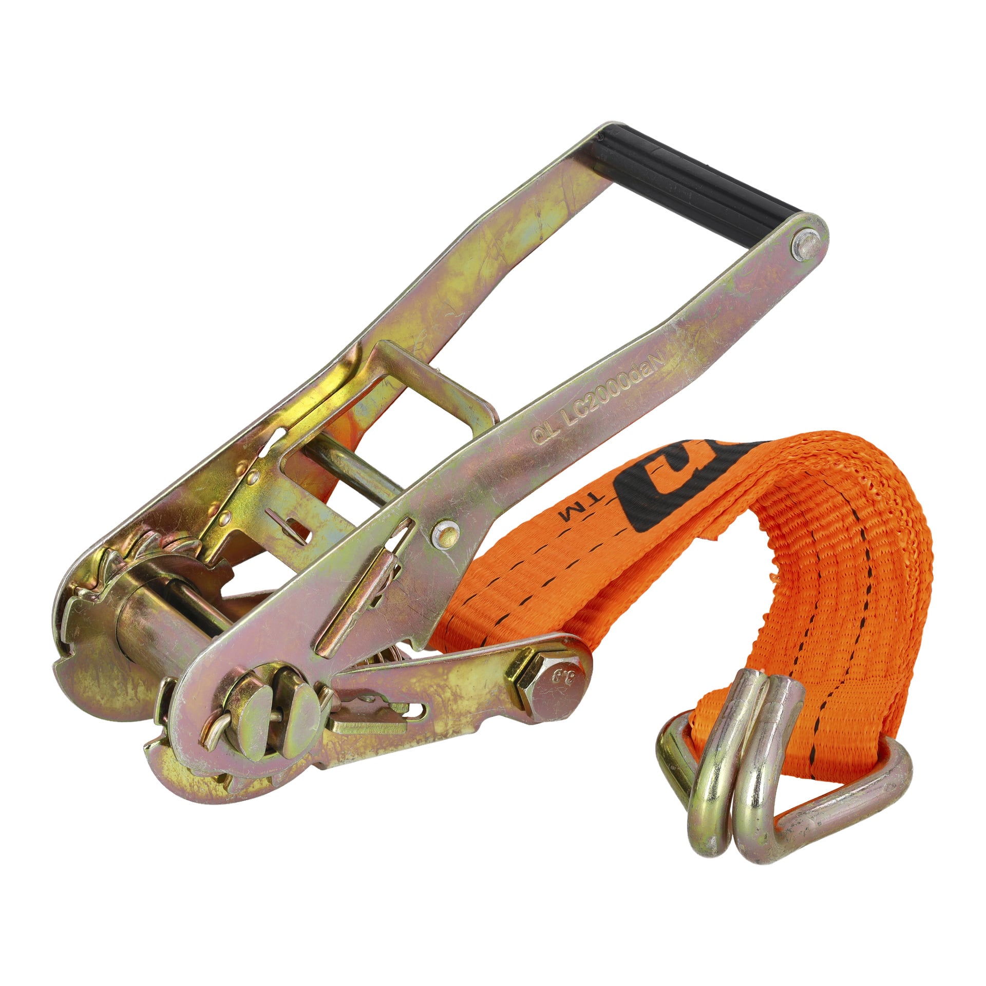 Ein Hamron-Sicherungsriemen mit Metall-Ratschenmechanismus und schwarzem Griff ist an einem orangefarbenen Polyesterband befestigt, der aufgedruckten Text zeigt. Der Riemen ist mit einem doppelten J-Haken versehen, der zum Sichern der Fracht während des Transports nützlich ist.