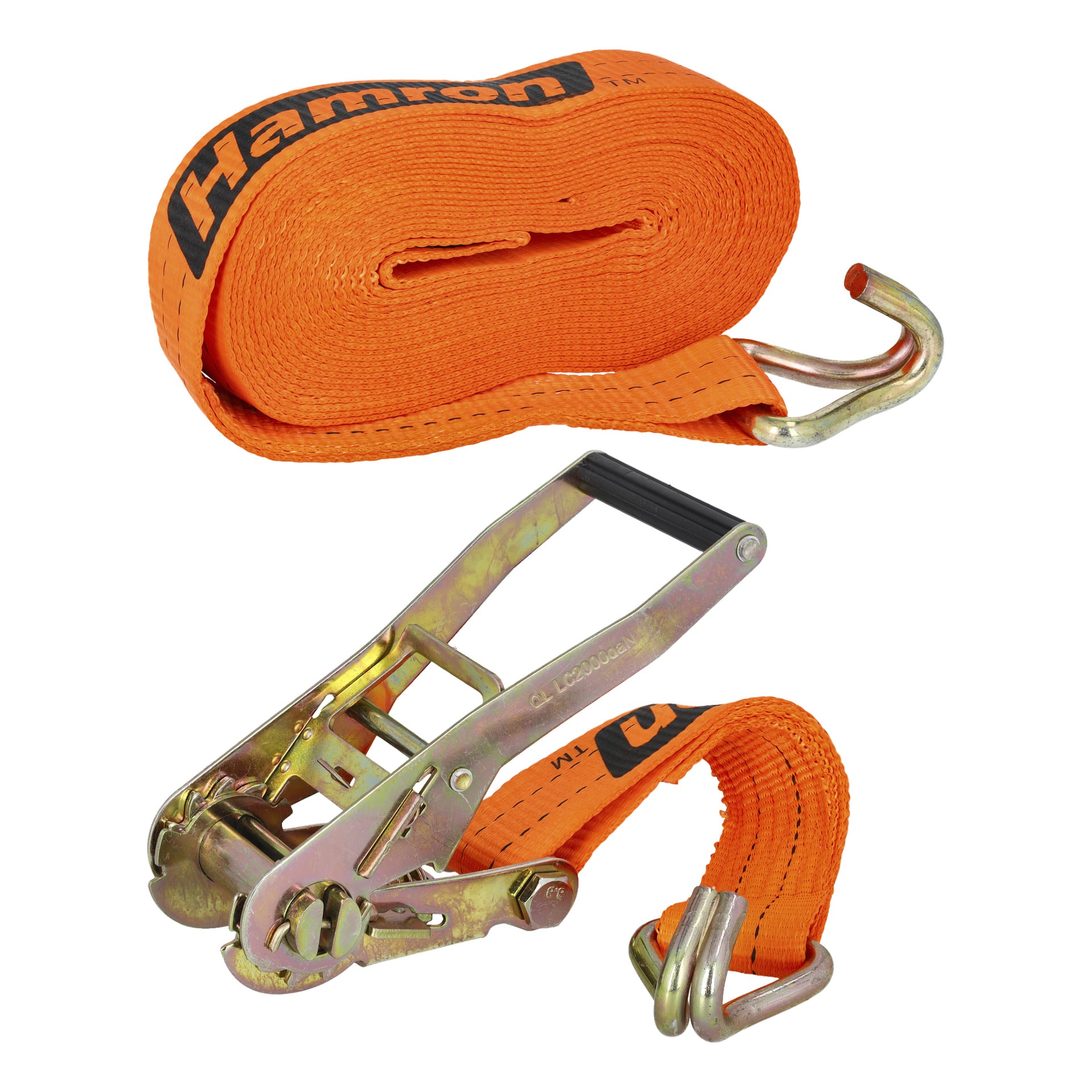 Ein orangefarbenes Hamron-Sicherungsriemenset, das einen aufgerollten Riemen mit einem Haken an einem Ende und einem Metall-Ratschenverschluss an einem anderen hakenden Riemen zeigt. Das Hamron-Logo ist auf dem Stoff zu sehen.