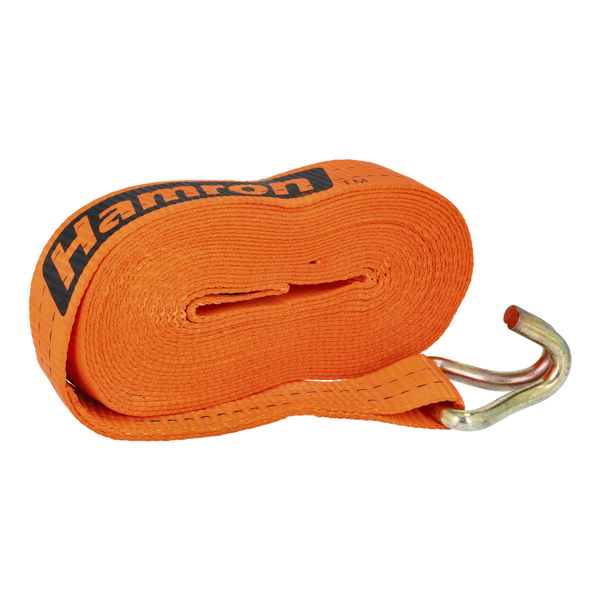 Ein orangefarbener Hamron-Sicherungsriemen mit schwarzer Naht ist gewickelt, zeigt an einem Ende einen Metallhaken und das in Schwarz aufgedruckte Hamron-Logo entlang des Bandes.