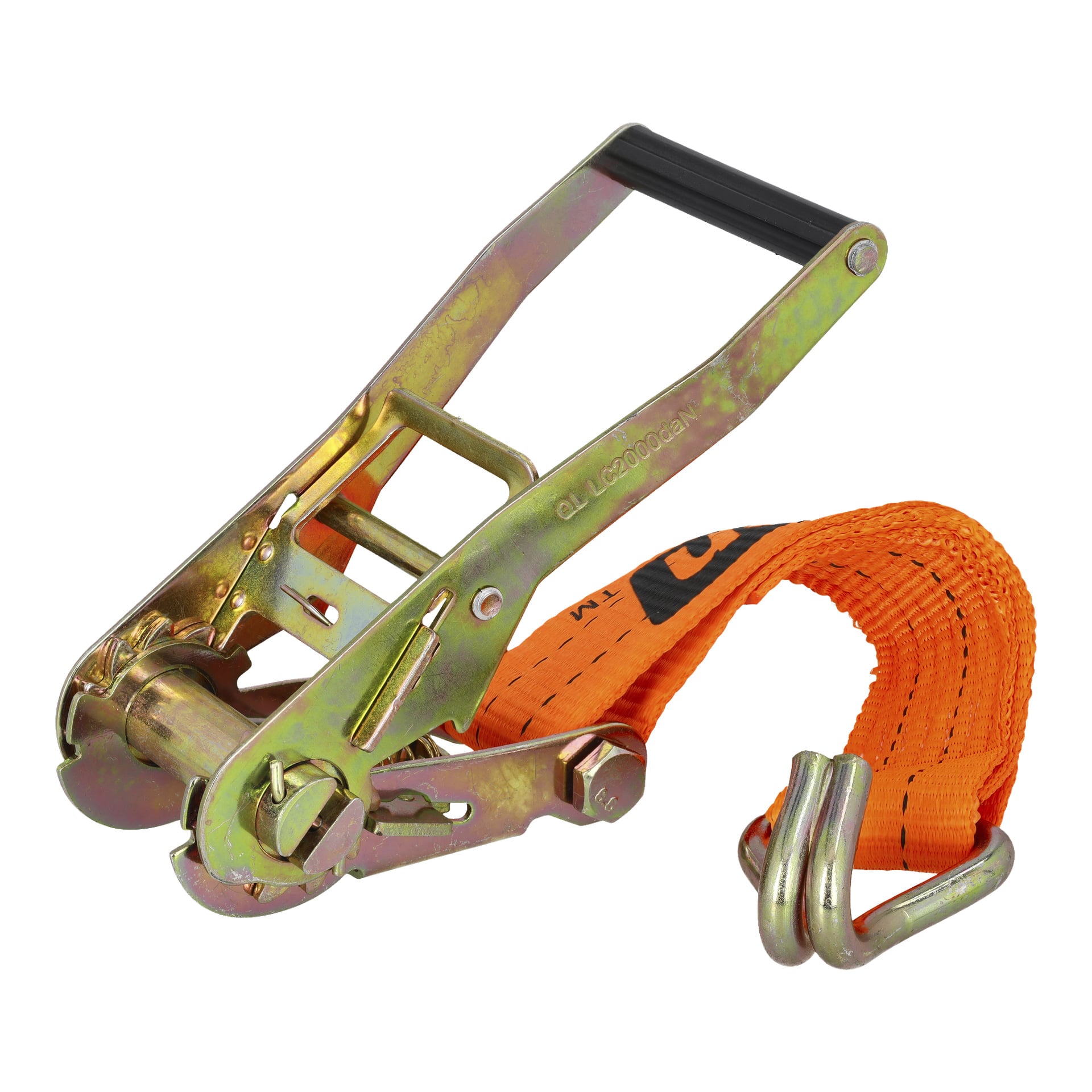 Der Hamron-Haltergurt besteht aus einer robusten Metallratsche, einem ergonomischen schwarzen Kunststoffgriff und einem orangefarbenen Gurtriemen mit einem sicheren Metallhaken an der Spitze, was ihn zum Befestigen von Fracht während des Transports geeignet macht.