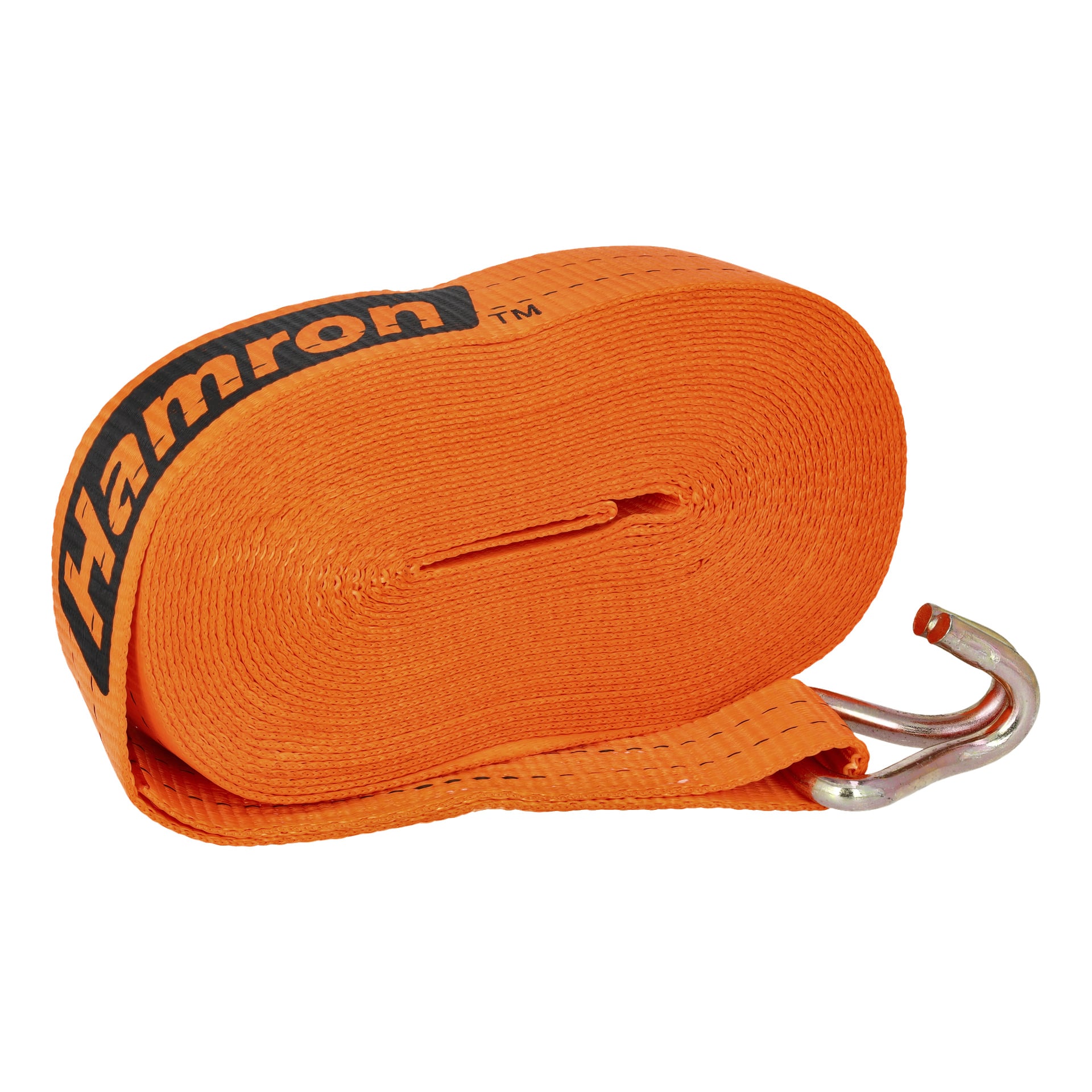Ein orangefarbener Hamron-Haltergurt ist aufgerollt, der an einem Ende einen Metallhaken und schwarze Hamron-Branding zeigt.
