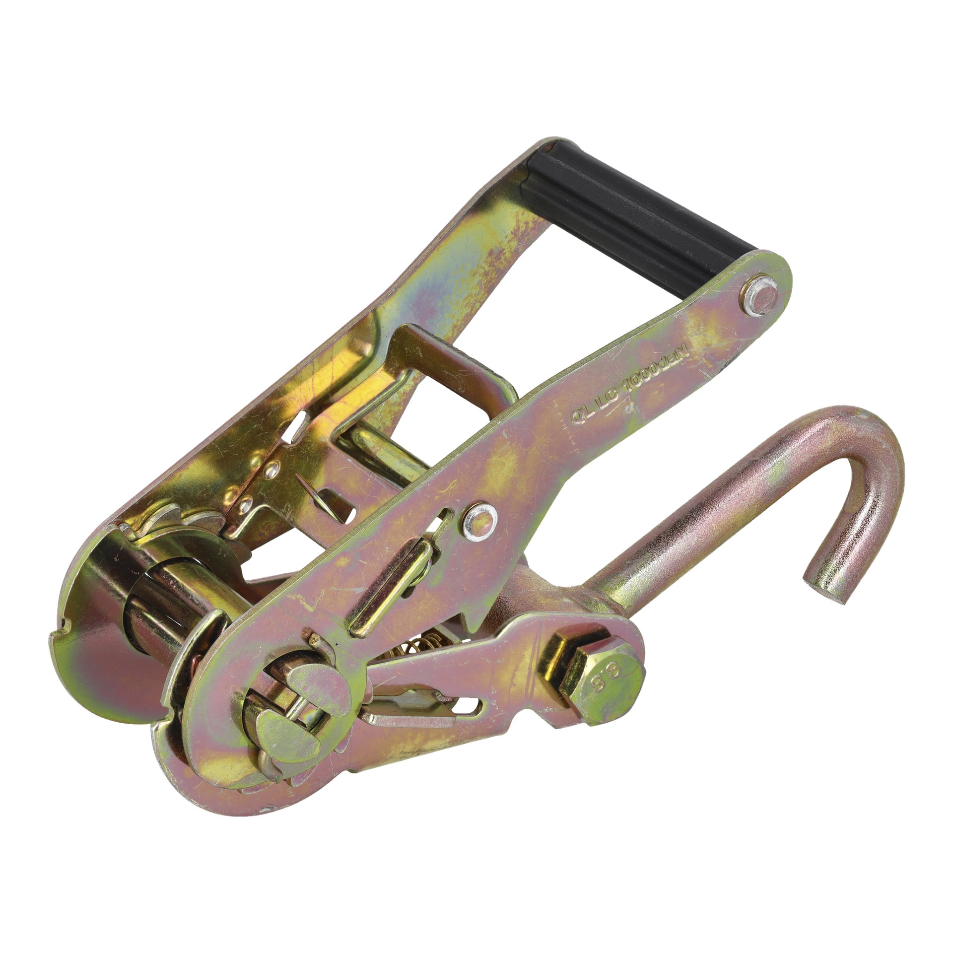 Hamron-Radbindband ist mit einer stabilen Metallratsche, einem schwarzen Kunststoffgriff und einem gebogenen Metallhaken zur sicheren Befestigung der Ladung während des Transports ausgestattet.