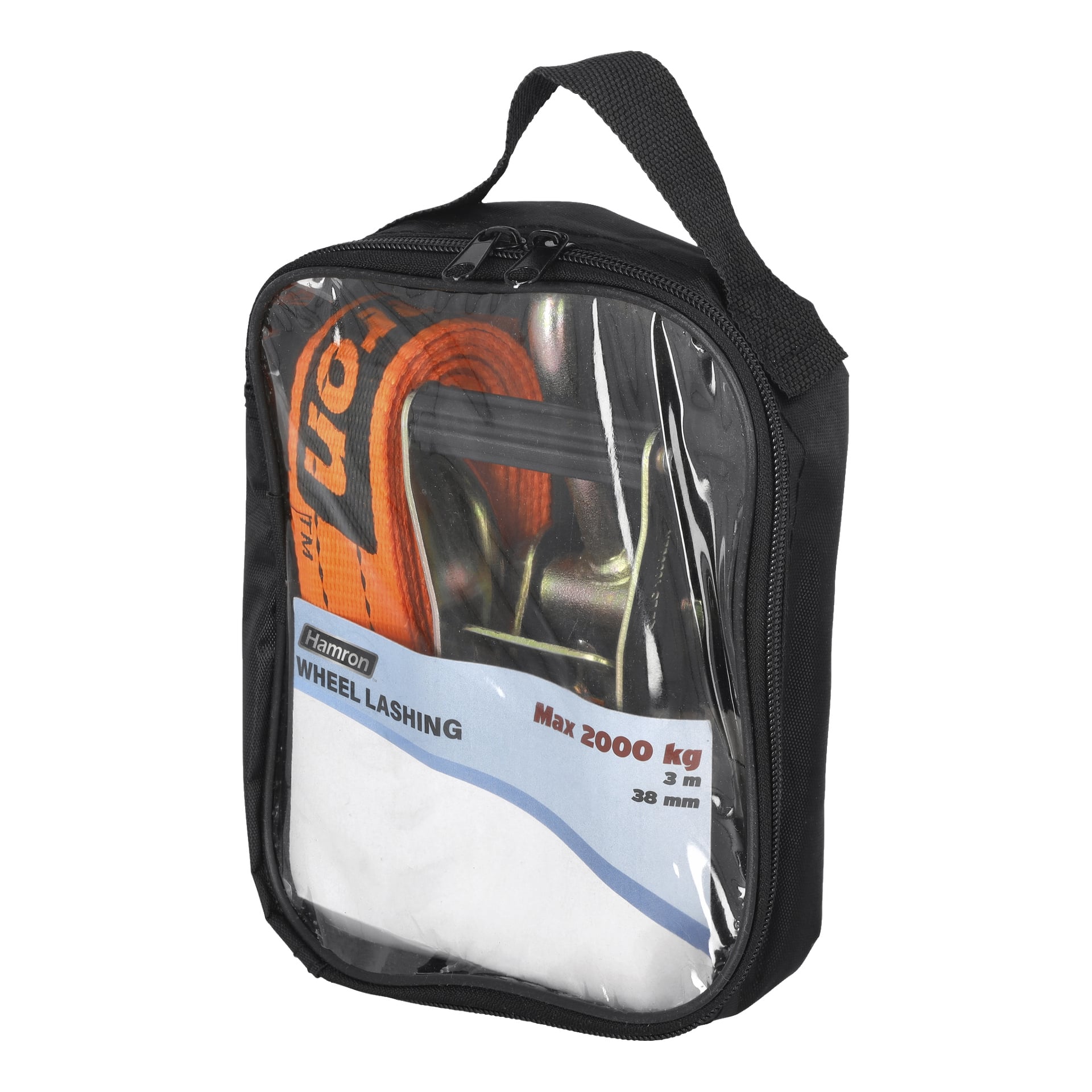 Eine transparente Tasche mit Reißverschluss und schwarzem Griff hält einen Hamron-Radbinderriemen, der Metallhaken und einen leuchtend orangefarbenen Riemen enthält. Auf dem Etikett steht: "Sicherungsriemen für Radbindungen, maximal 2000 kg, 3 m, 38 mm."