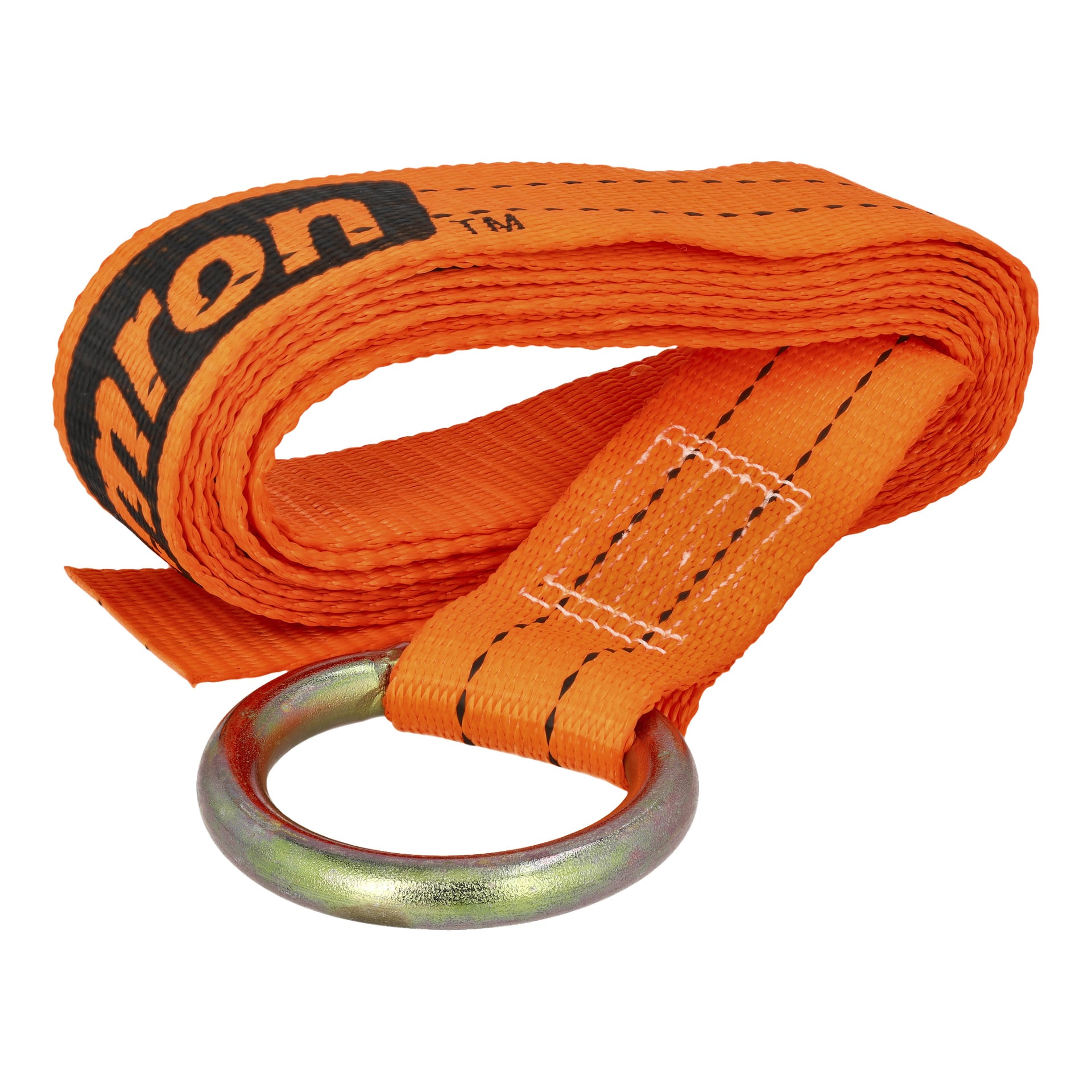 Ein orangefarbener Hamron-Nylon-Sicherungsriemen für das Binden der Räder, mit schwarzen Nähten und einem Metallring an einem Ende, ist ordentlich aufgewickelt. Das Armband zeigt einen Teil des Markennamens in schwarzer Schrift.
