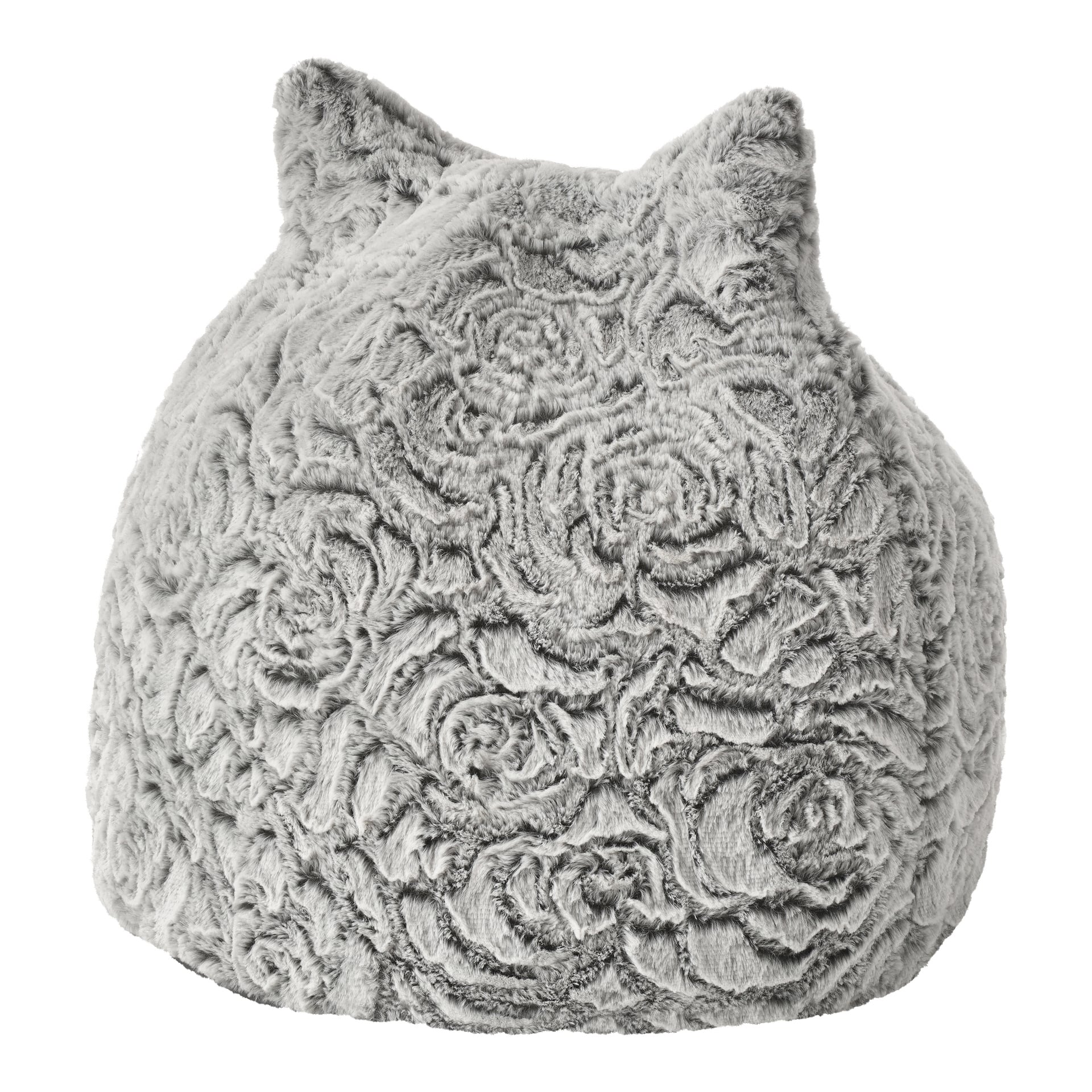 Ein weiches, graues Katzenbett von Kayoba mit strukturierter Oberfläche, dekoriert mit geprägten Blumenmustern und bedeckt mit zwei spitzen Ohren, von hinten betrachtet.