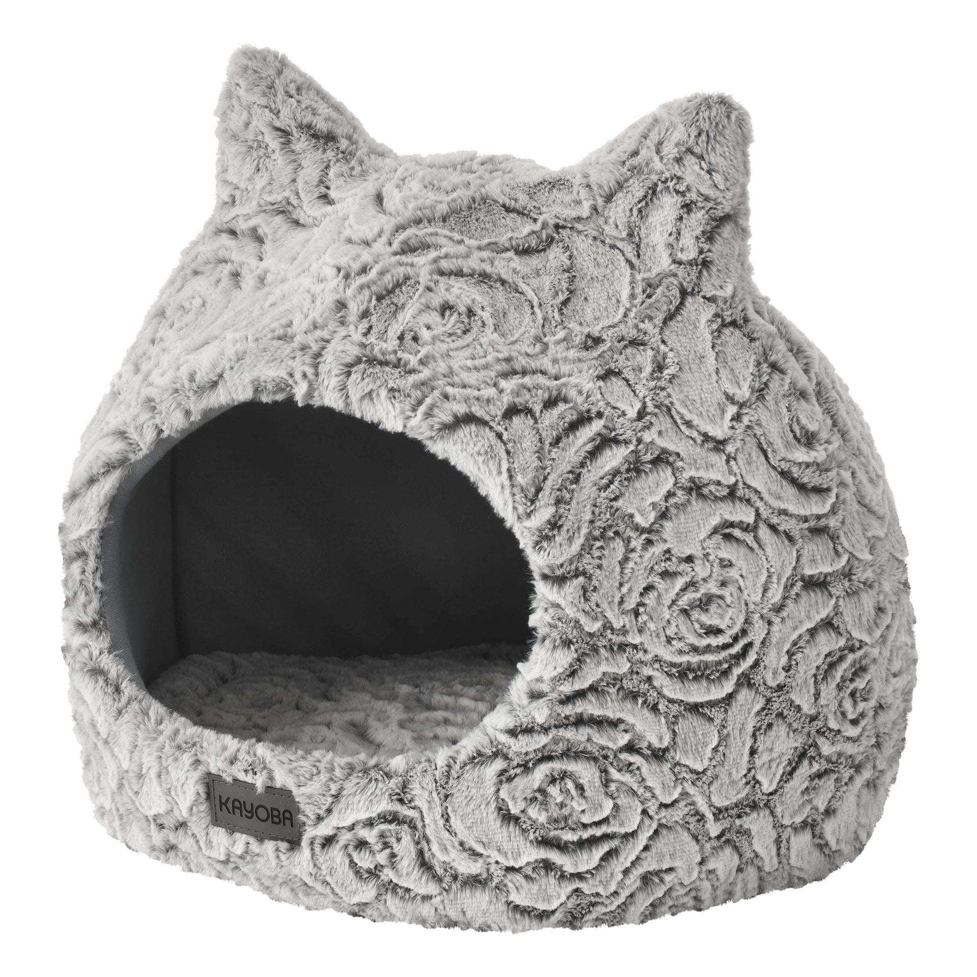 Ein gemütliches graues Kayoba-Katzenbett mit Kuppelform, strukturierten Blumenmustern und zwei spitzen Ohren oben. Das Bett verfügt über einen runden Eingang, ein luxuriöses Interieur für Komfort und ein kleines "Kayoba"-Etikett nahe dem Eingang am Sockel.