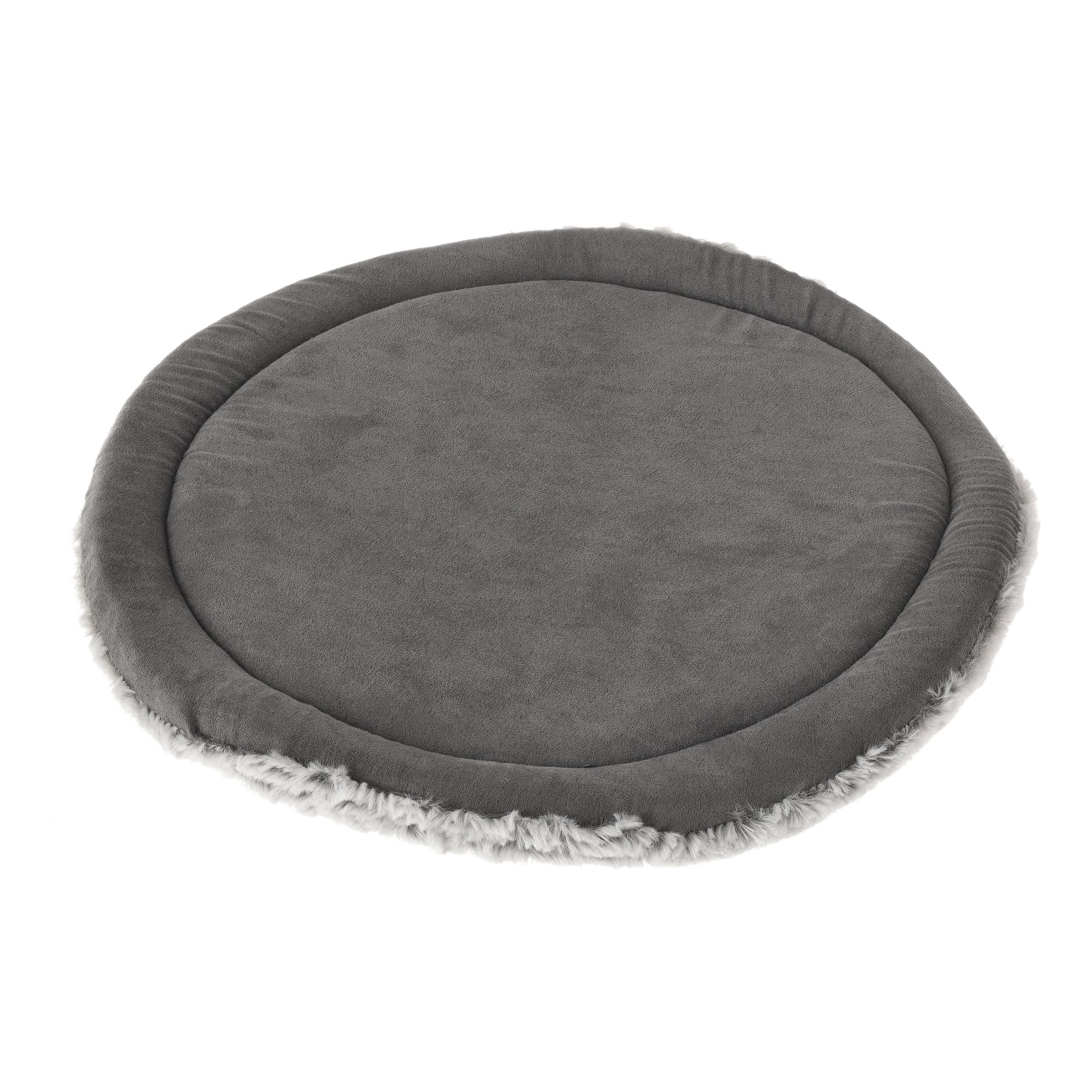 Das Kayoba-Katzenbett ist rund und grau mit einer weichen, samtigen Oberfläche und einem sanft erhöhten Rand. Ein fluffiger, heller grauer Rand umreißt den Rand, und die glatte Oberfläche sorgt für zusätzlichen Komfort für Haustiere.