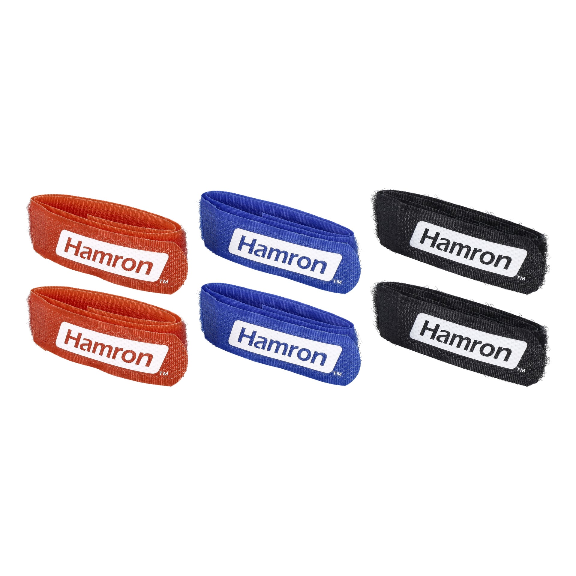 Sechs gewickelte Hamron-Velcro-Riemen sind zu sehen, jeweils zwei in Rot, Blau und Schwarz. Der Markenname Hamron erscheint auf dem Etikett jedes Bandes.