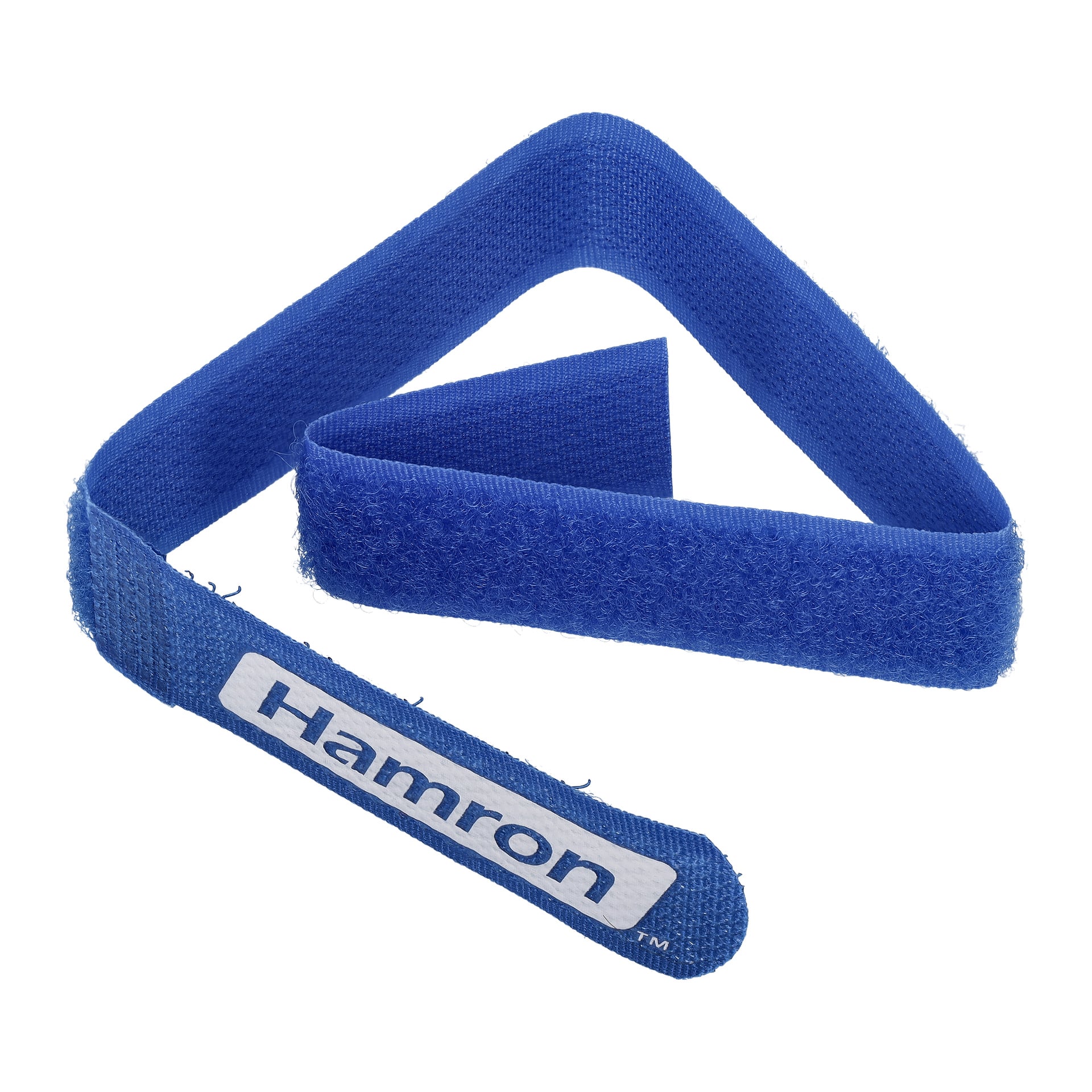 Ein blauer Velcro-Riemen aus dem Hamron-6er-Pack, mit dem Hamron-Markennamen auf einem weißen Etikett an einem Ende.