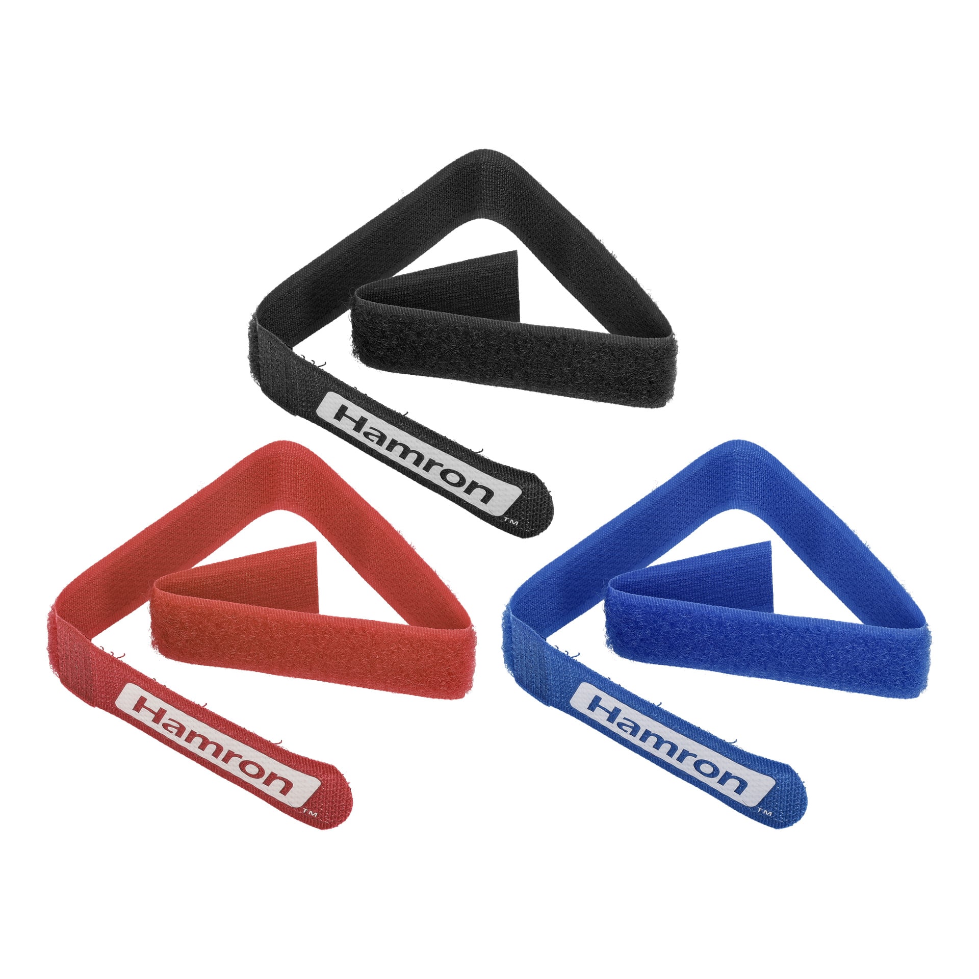 Sechs Velcro-Gurte von Hamron sind in Schwarz, Rot und Blau dargestellt. Jeder Riemen trägt ein Hamron-Etikett und ist zu einer dreieckigen Form gewickelt.