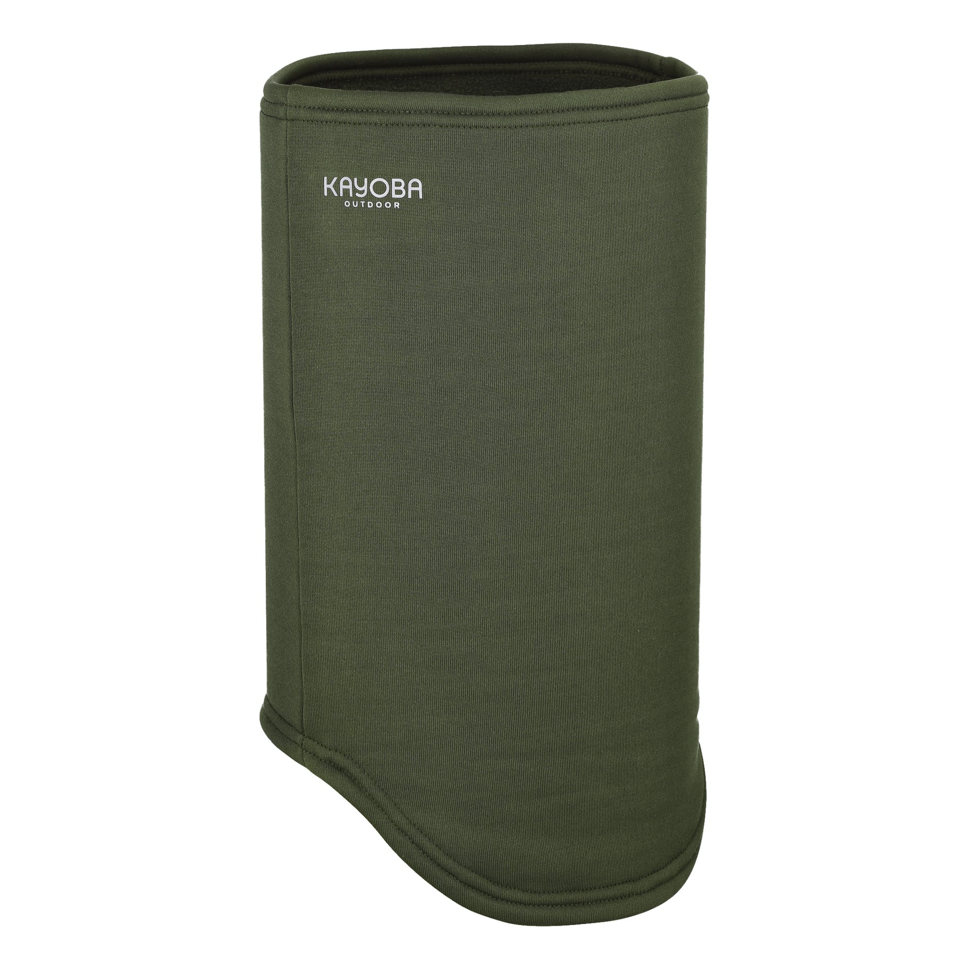 En grønn, sylindrisk halsvarmer fra Kayoba Outdoor med "KAYOBA OUTDOOR" i hvitt nær toppen. Laget av mykt, elastisk stoff, passer den godt til utendørsaktiviteter.