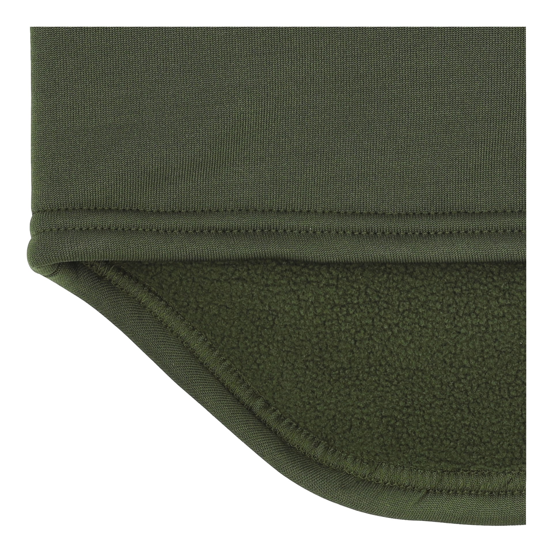 Detaljert visning av den grønne Kayoba Outdoor Neck Warmers fald, som viser dens tolags konstruksjon med et slankt ytterstoff og et mykt fleece-innerfôr. Sømmen langs kantene er presis og ryddig.