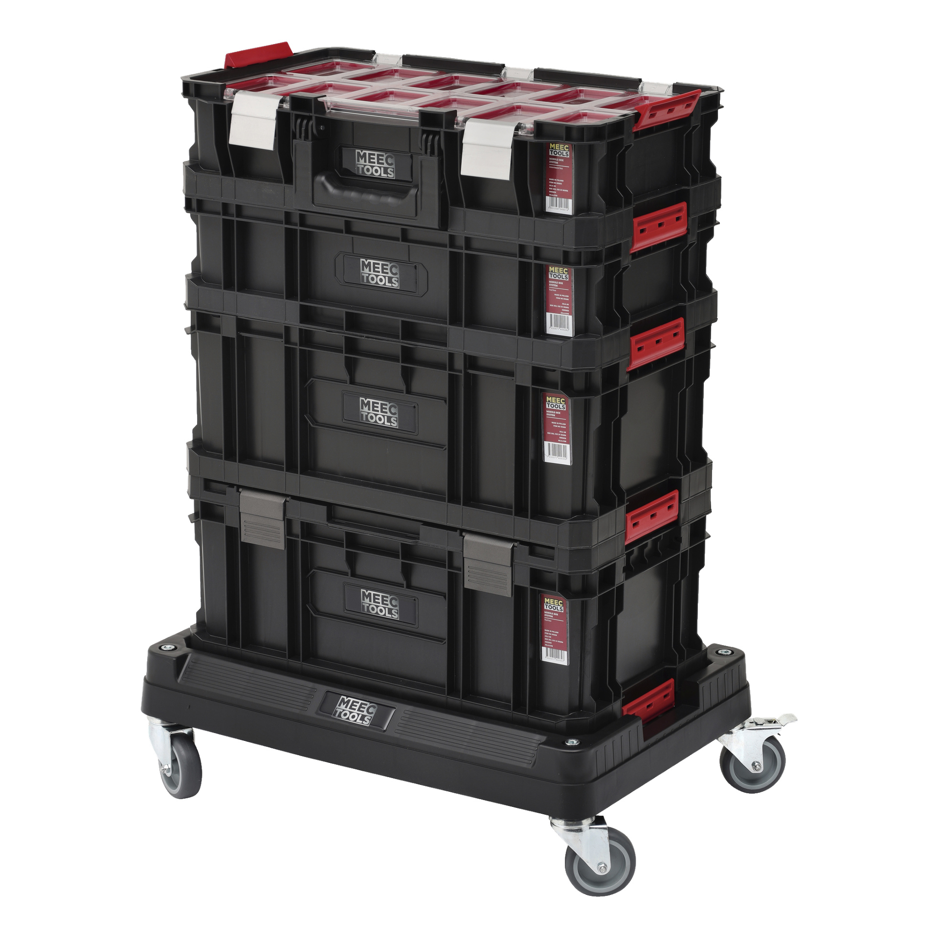 Cztery czarne jednostki modułu modułowego i pudełka pudełkowego Meec Tools Assortment Box 9, ozdobione czerwonymi detalami, są ułożone i mocowane na platformie z czterema kołami odkładowymi. Każdy moduł zawiera uchwyty i zatrzaski zabezpieczające.