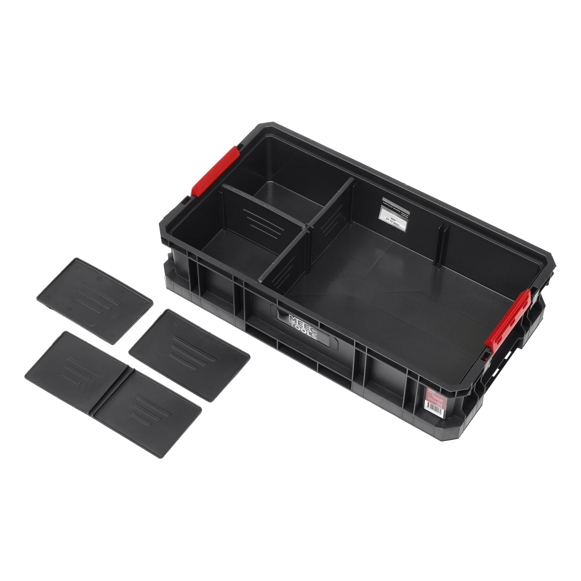 Das Meec Tools Module-Box System: II ist eine schwarze Aufbewahrungsbox aus Kunststoff mit roten Griffen. Neben der Box sind vier abnehmbare schwarze Trennwände ausgestellt. Das Innere umfasst mehrere kleine Abteile sowie einen großen offenen Bereich.
