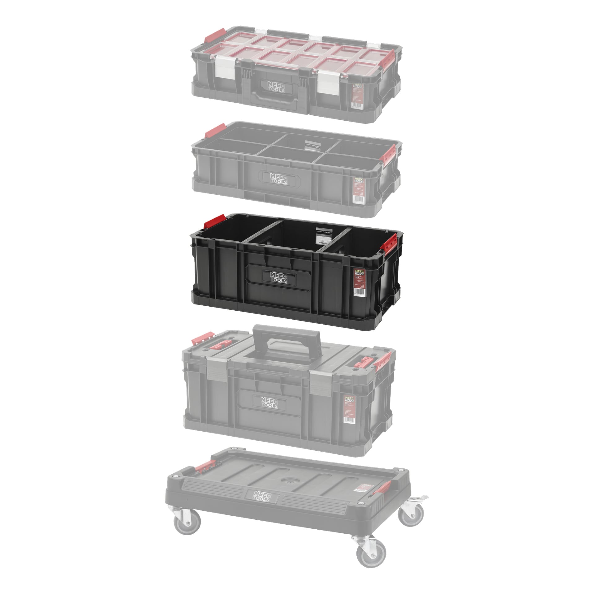 Viiden Meec Tools Module-Box System: III -työkalupakit ja järjestäjät mustalla punaisella yksityiskohdalla, jokainen eri kooltaan. Ylin yksikkö erottuu selvästi, kun taas muut ovat haalistuneita. Alalaatikko on varustettu pyörillä helppoa kuljetusta varten.