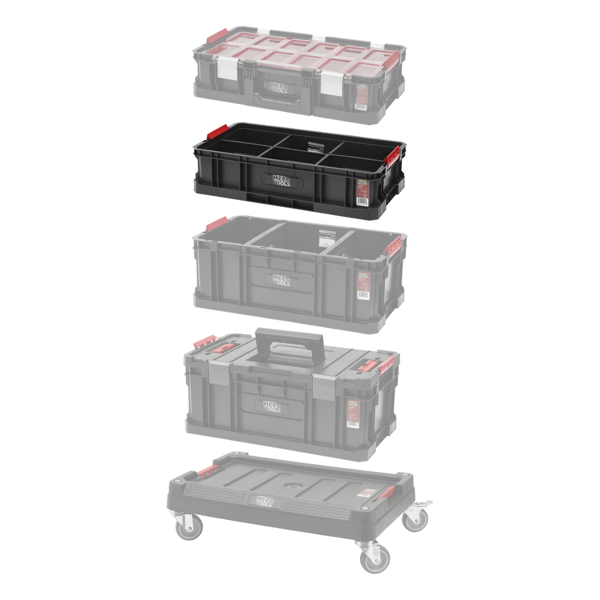 Das Meec Tools Toolbox Module-Box System: II wird in fünf Teile zerlegt gezeigt, darunter stapelbare Behälter, Griffkartons und eine Laufbasis. Jedes Stück besteht aus schwarzem Kunststoff mit roten Details.