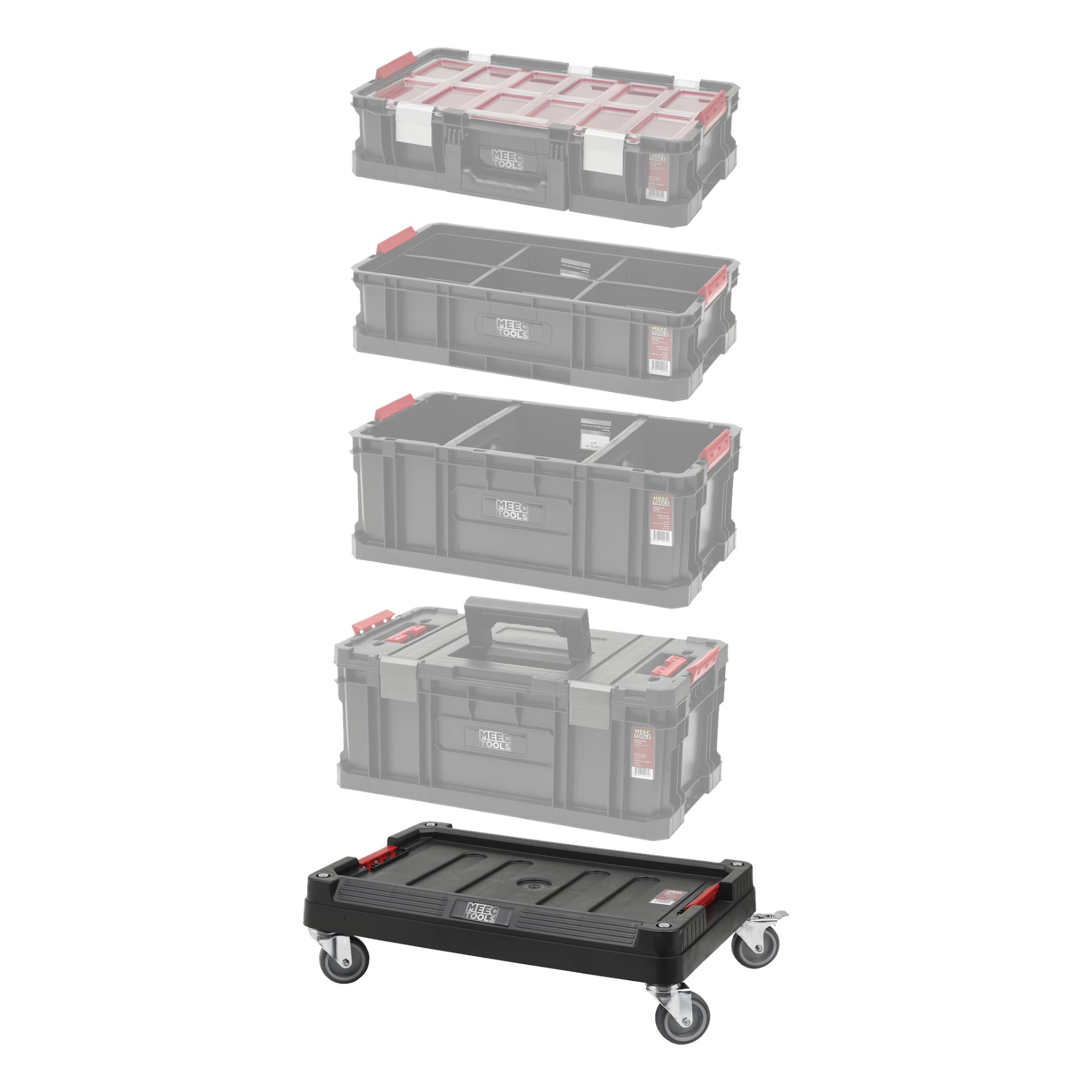 Et Meec Tools Transport Dolly Module-Box System vises demontert, med rullende base og fire hjul nederst tydelig synlige, mens de øvre verktøykassene ser falmede ut.