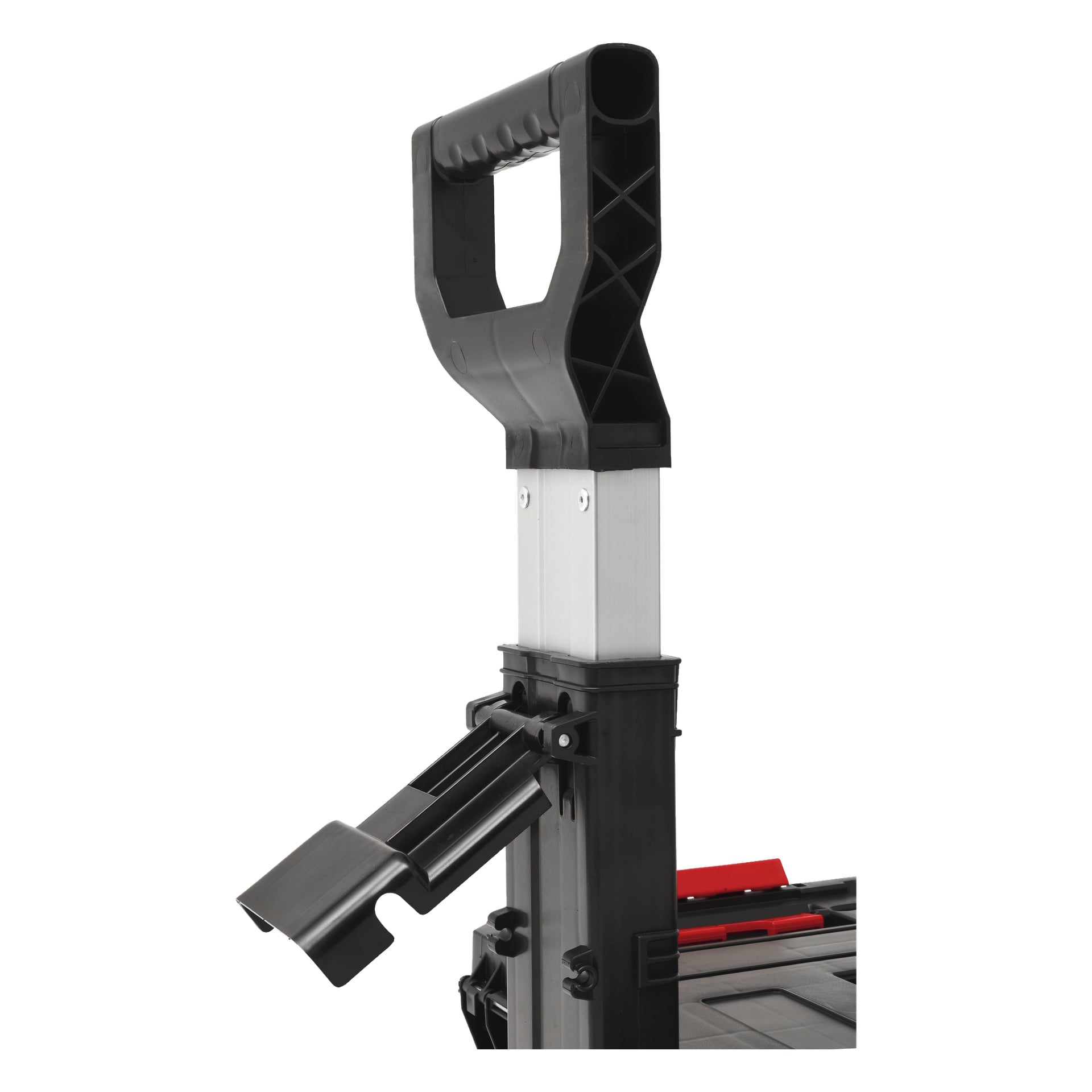 Detaillierte Ansicht des Teleskopgriffs und der Halterung in Schwarz und Silber im Meec Tools Tool Trolley Module-Box System: Trolley, mit Fokus auf den Griffbereich, die Befestigungspunkte und einen ausgeklappten Zubehörhalter.