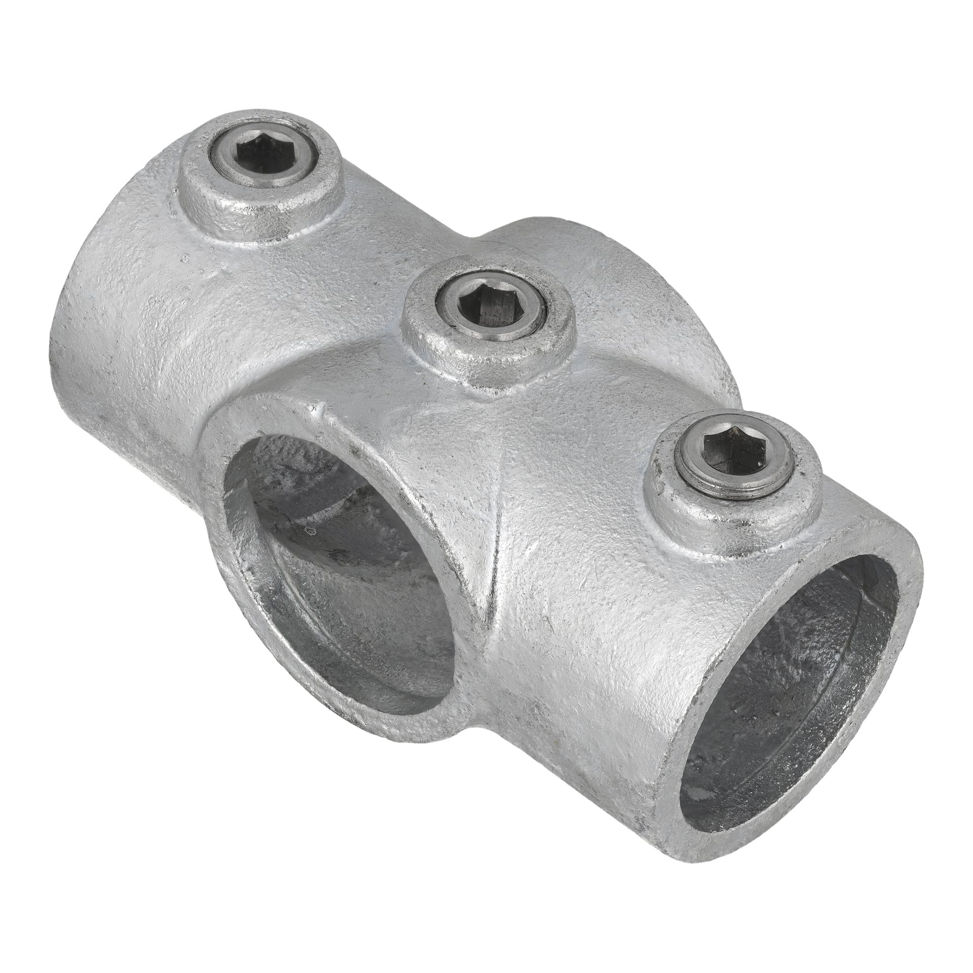 En støpt metallrørkobling kalt Hard Head Cross Coupling brukes til å koble sammen to runde rør i en rett vinkel. Den har to kryssende sylindriske åpninger og holdes på plass av tre sekskantskruer.
