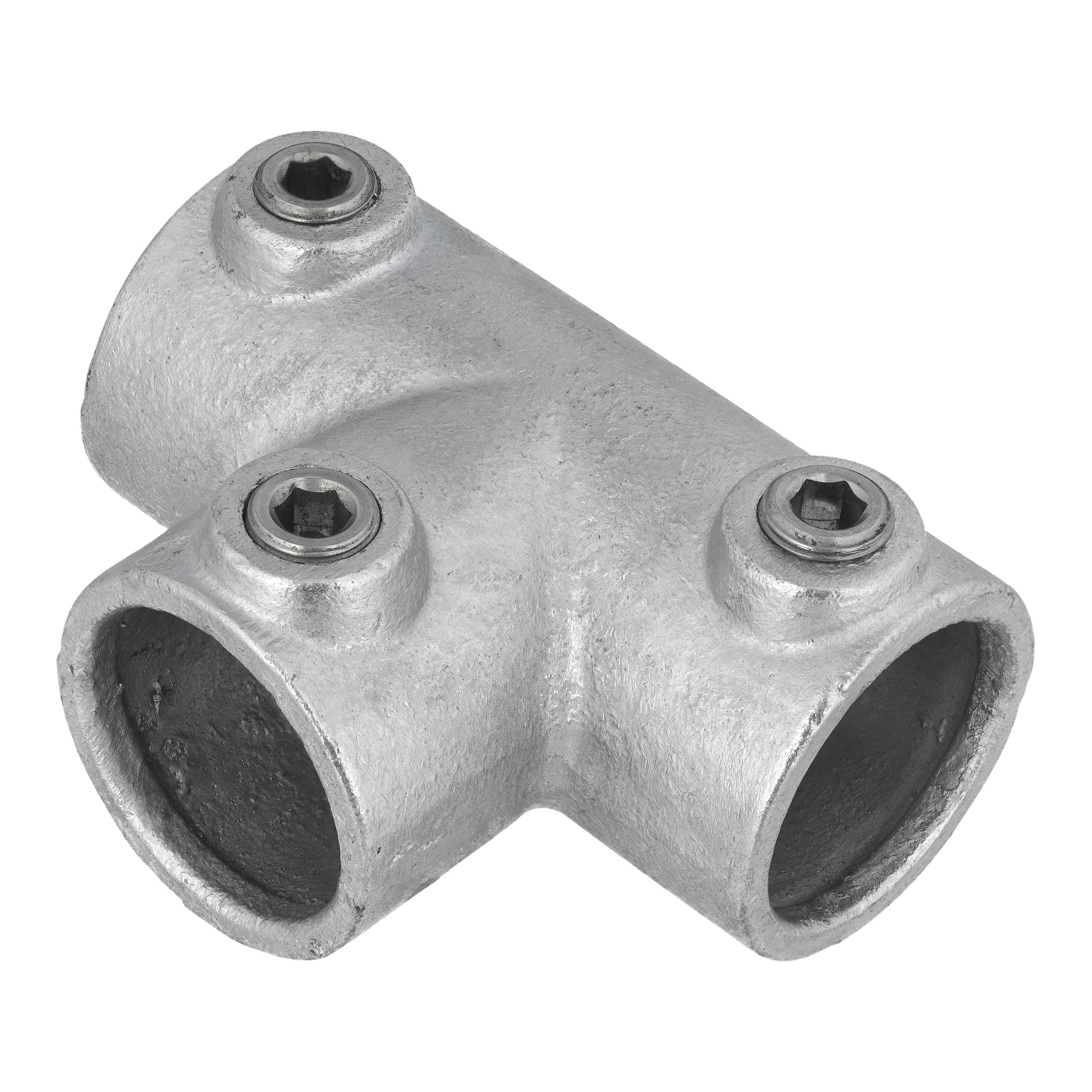 Eine silberne, matt-lackierte Metall-T-Kupplung mit drei Schraublöchern und einem T-förmigen Design, die zum Verbinden von drei Rohren im rechten Winkel gedacht war.