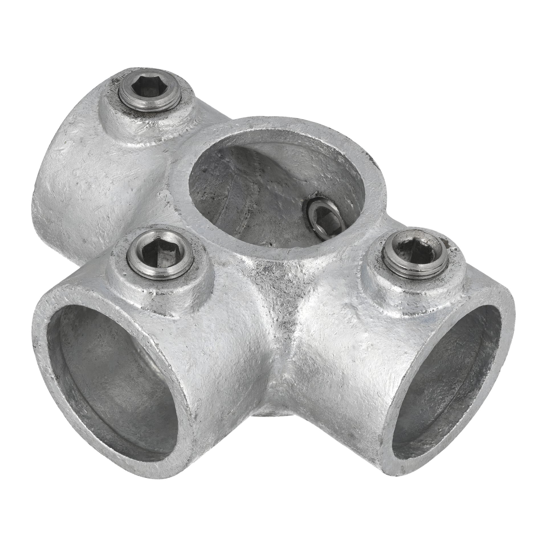 Złącze Hard Head Through to srebrne złącze wykonane z metalu, zaprojektowane z czterema cylindrycznymi portami i czterema wbudowanymi śrubami sześciokątnymi, tworzące wzór krzyżowy łączący rury pod kątem prostym.