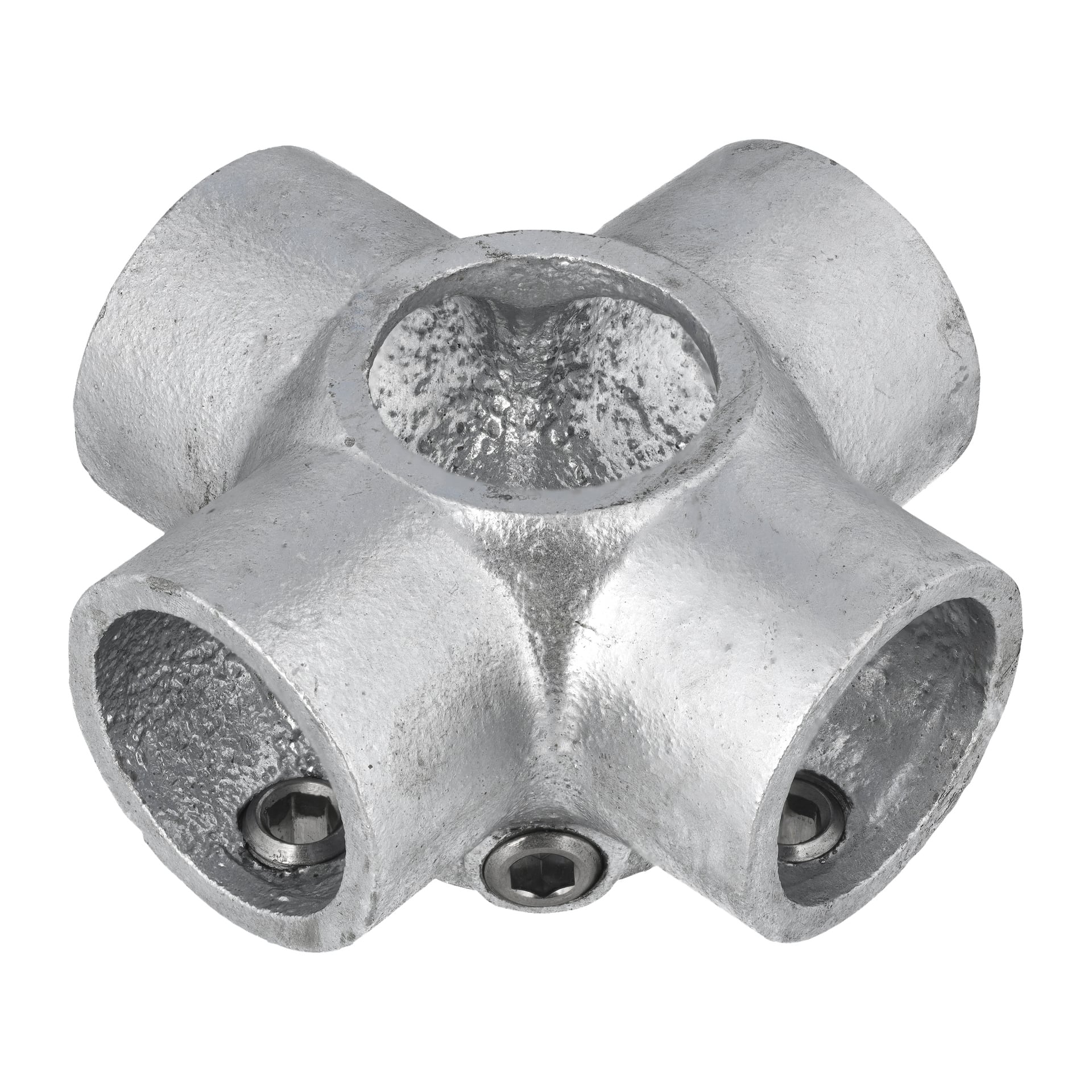 Ein metallischer Vierfach-Rohrverbinder, genannt Hard Head Through Cross Coupling, besitzt eine robuste Textur und Sechskantschrauben in drei seiner Öffnungen, die so konstruiert sind, dass sie Rohre oder Rohre rechtwinklig verbinden.