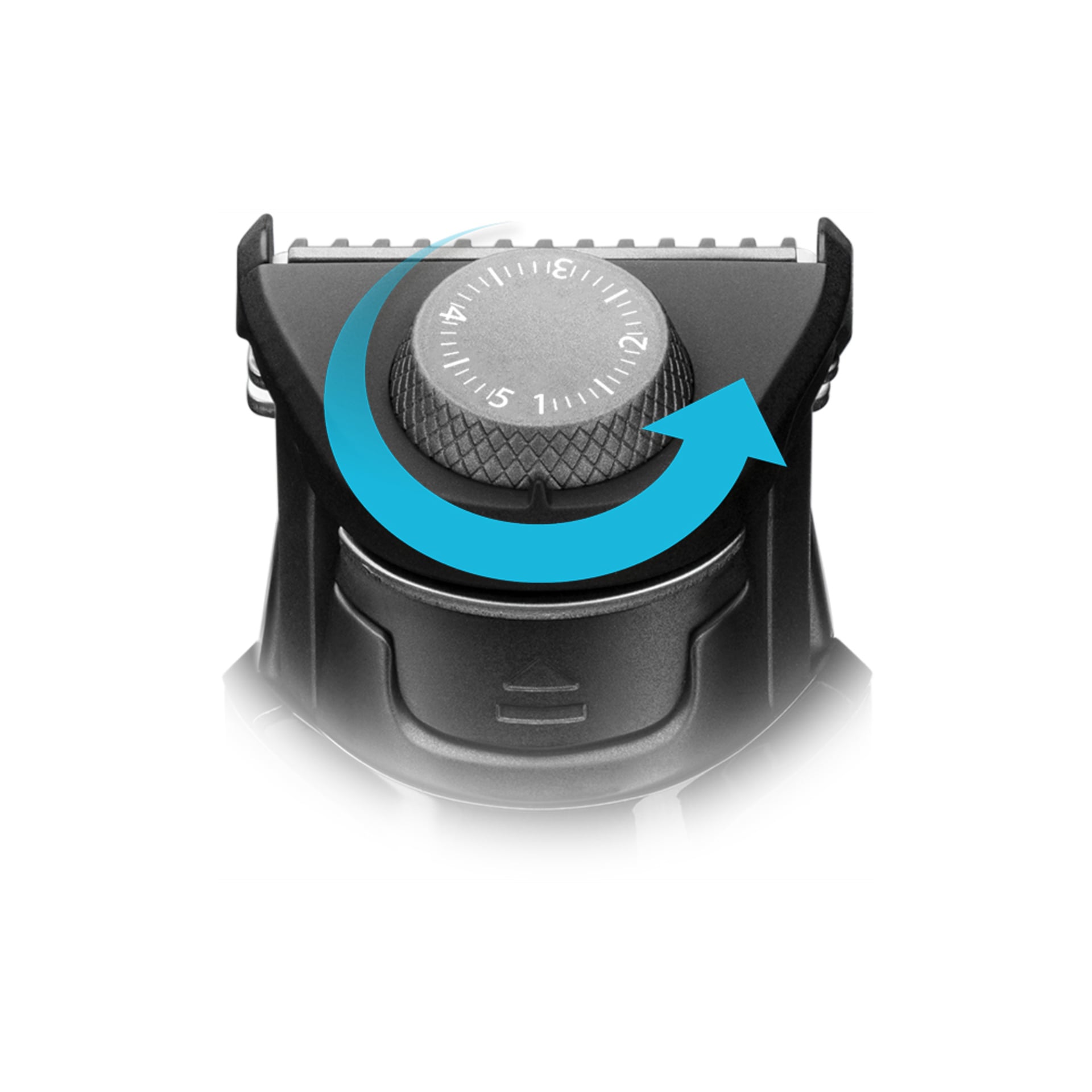 Detaljert visning av Remington Cordless Hair Clipper Power X Series X5 HC5000 sin justerbare skjerm, som viser en nummerert skive for valg av hårlengder og en tydelig blå pil som viser hvordan skiven skal roteres.