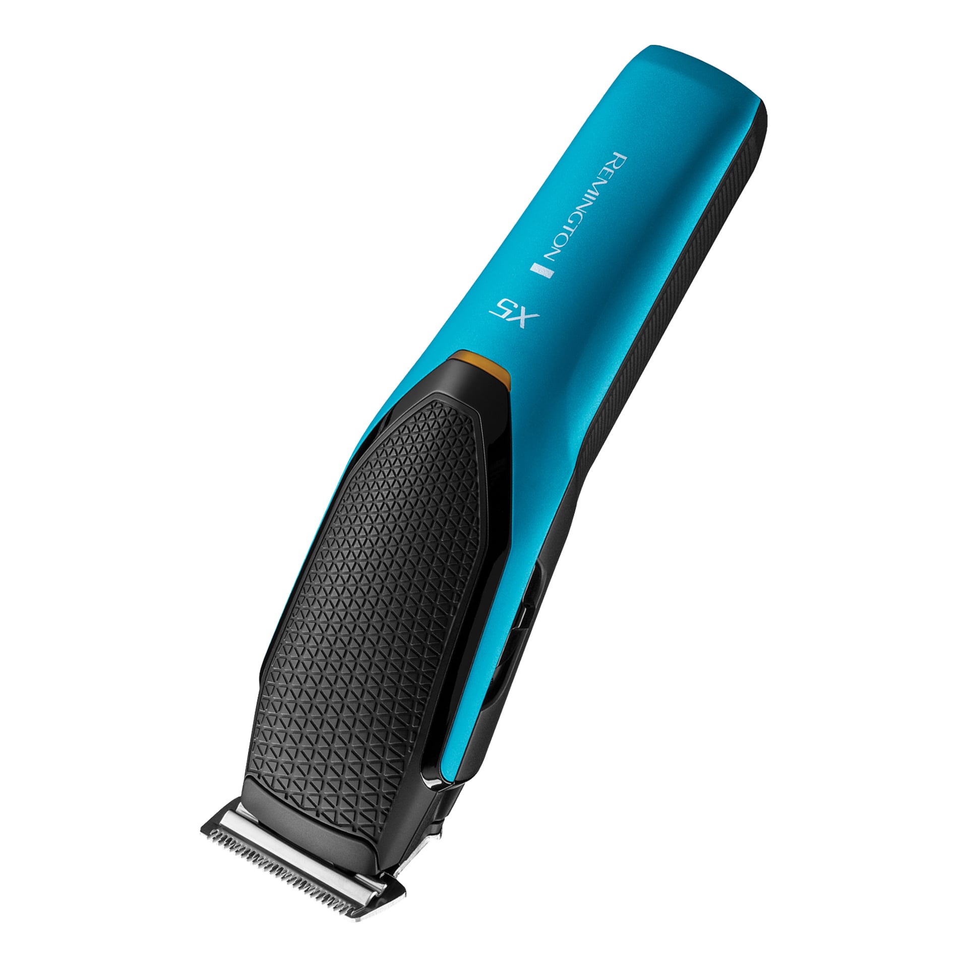 En blå og svart Remington Cordless hårklipper, Power X Series X5 HC5000, med teksturert grep og metalliske skjæreblader. REMINGTON- og X5-logoene er synlige på karosseriet.