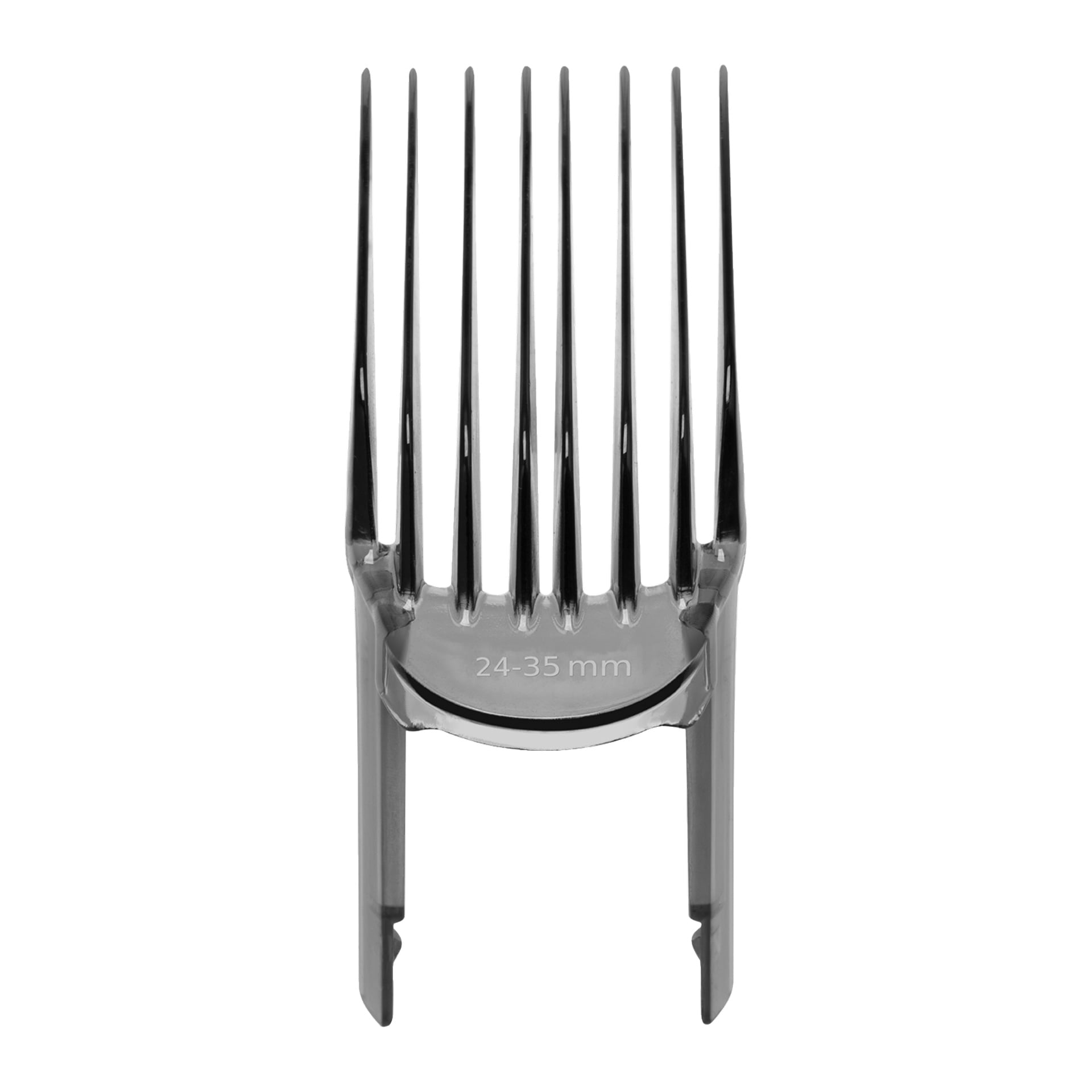 Et detaljert bilde av en svart plastklipperbeskytter med jevnt fordelte tenner, laget spesielt for Remington Cordless Hair Clipper Power X Series X5 HC5000. Merkene på parerstangen viser 24-35 mm, noe som reflekterer det justerbare skjæreområdet.