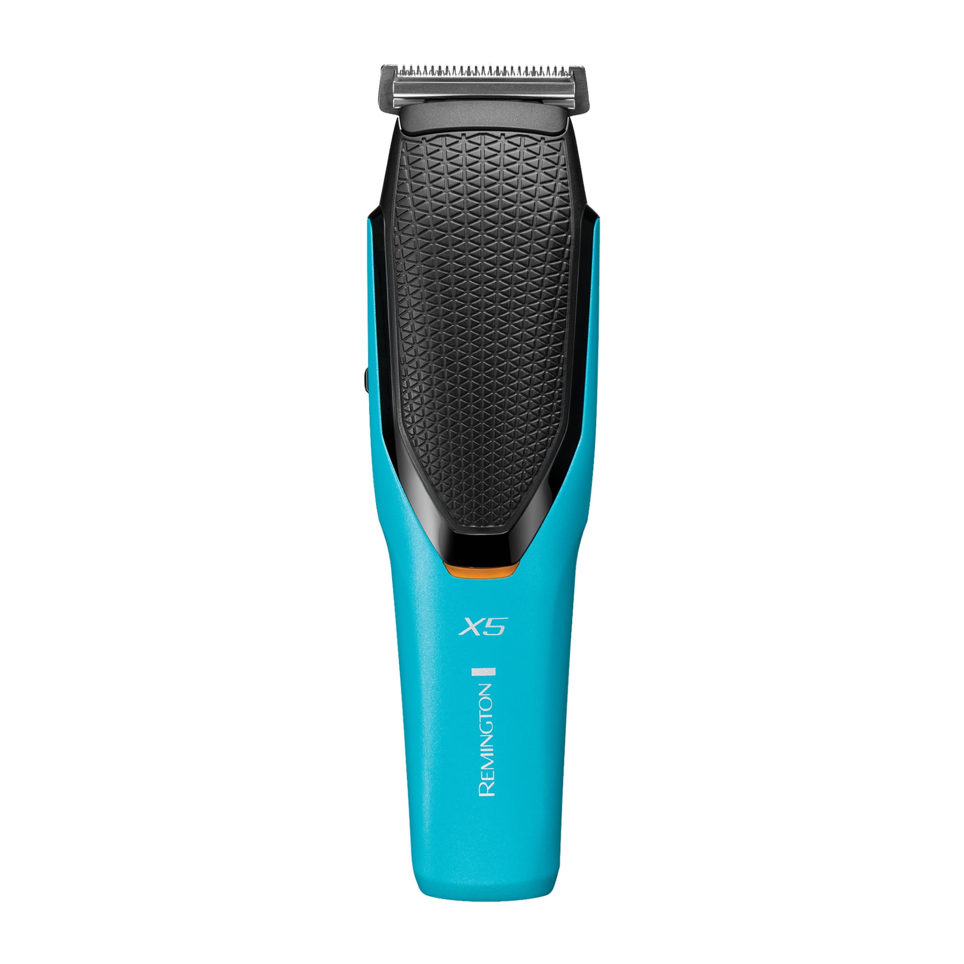 En turkis Remington Power X Series X5 HC5000 trådløs hårklipper med et teksturert svart håndtak, sølvfargede blader på toppen og en oransje detalj under bladet. Forsiden viser Remington-logoen.