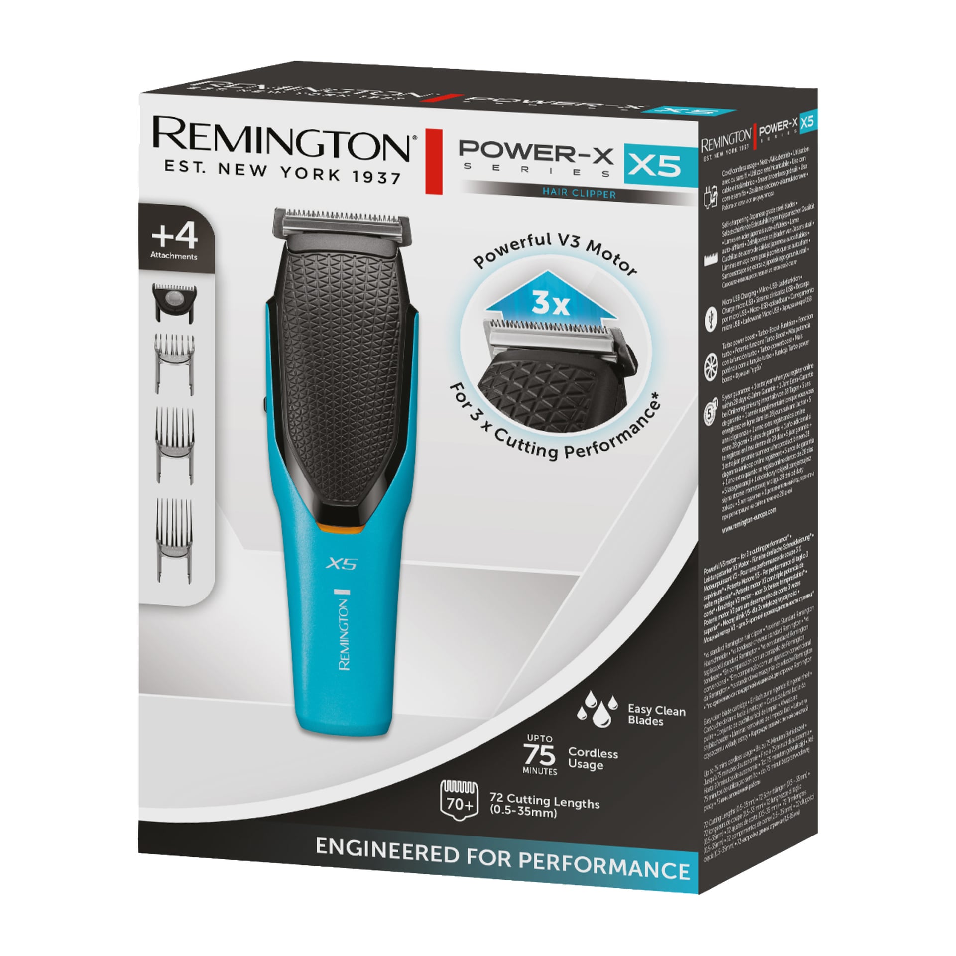 Esken med Remington Power X Series X5 HC5000 trådløs hårklipper som viser en blå og svart trimmer, fire kamfester, høydepunkter fra V3-motorteknologi, opptil 72 justerbare klippelengder, en ledningsløs driftstid på 75 minutter, og med slagordet «Engineered for Performance».