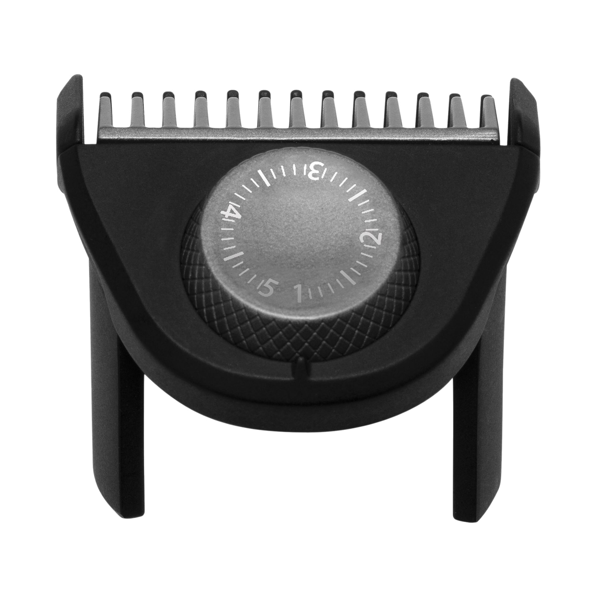 Nærbilde av en svart Remington Power X Series X5 HC5000 trådløs hårklipperbeskytter, som viser en sentral skive med tallene 1 til 15 for justering av lengde og metallkamtenner som dekker toppen.