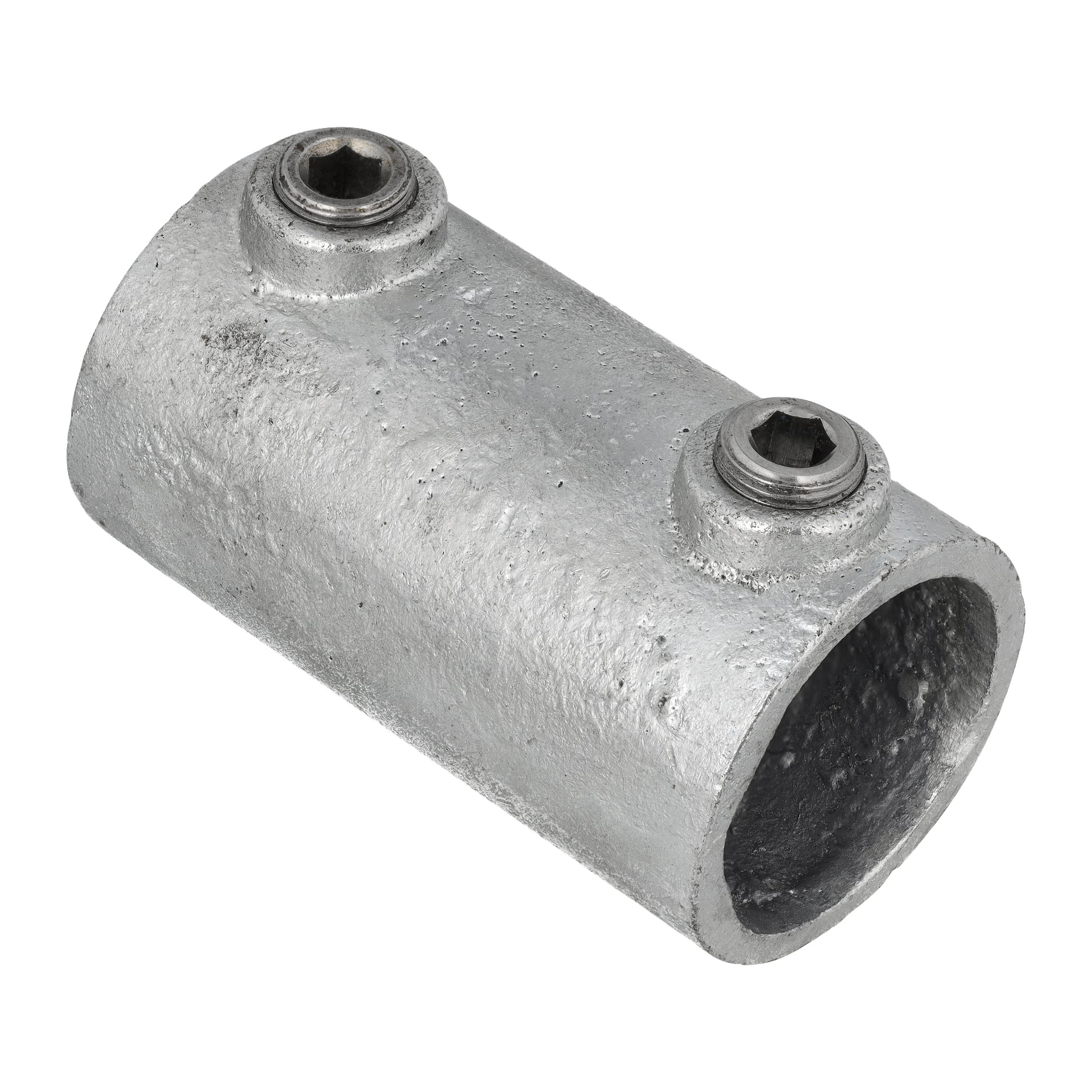 En Hard Head Straight-kobling, sylindrisk i formen, er laget av metall og har en grov matt finish. Den inkluderer to sekskantede pipeskruer plassert på toppen.