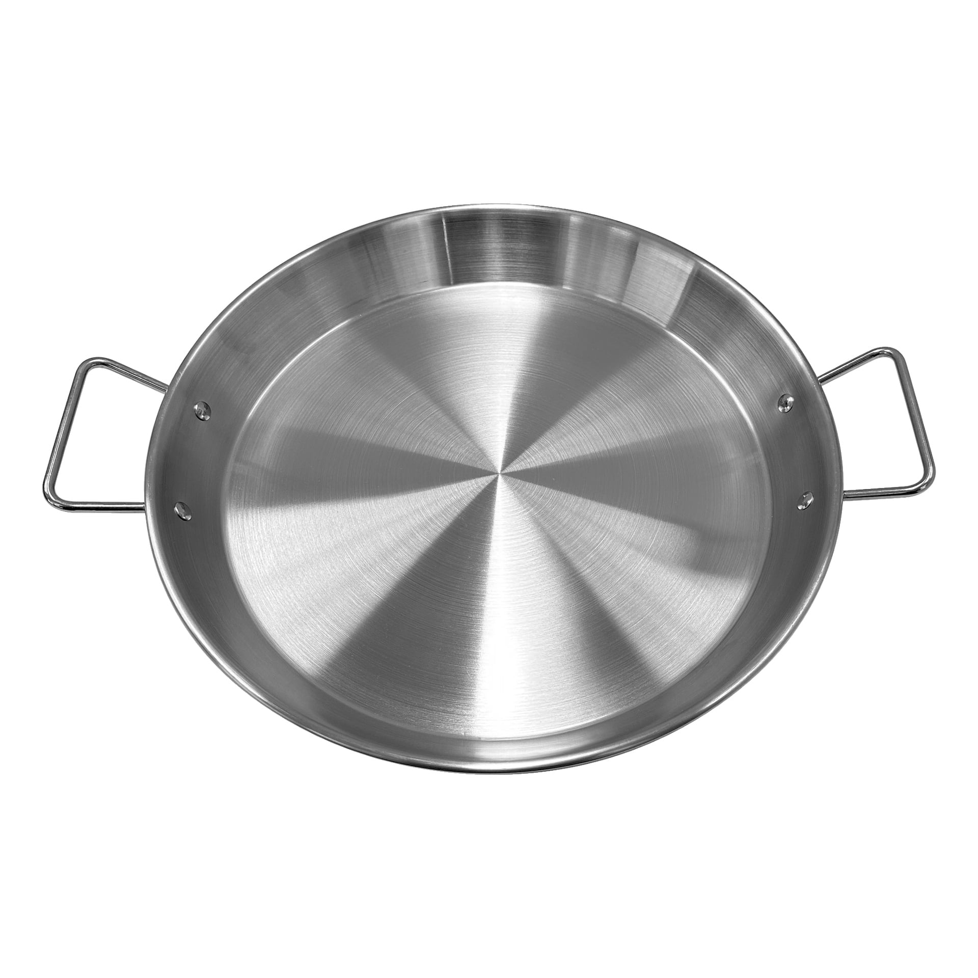 Et top-down bilde av en sirkulær Burns & Barkles Barbecue stekepanne, som har to håndtak. Den rustfrie ståloverflaten har en børstet finish med tydelige konsentriske sirkler på innvendig base.