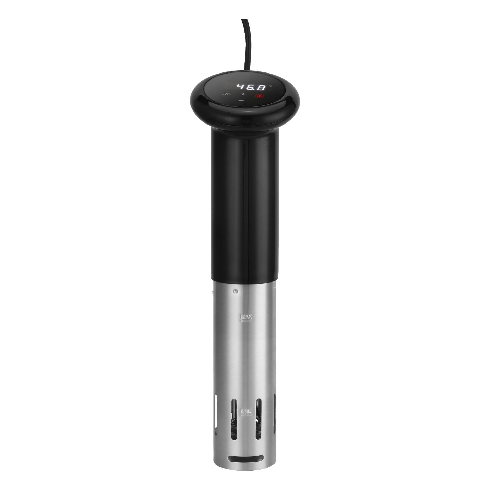 Bright Sous Vide Circulator er en slank, sylindrisk nedsenkingsinnretning laget av svart og rustfritt stål, toppet med en strømkabel. Den inkluderer en digital temperaturvisning for nøyaktig koking i vannbad.