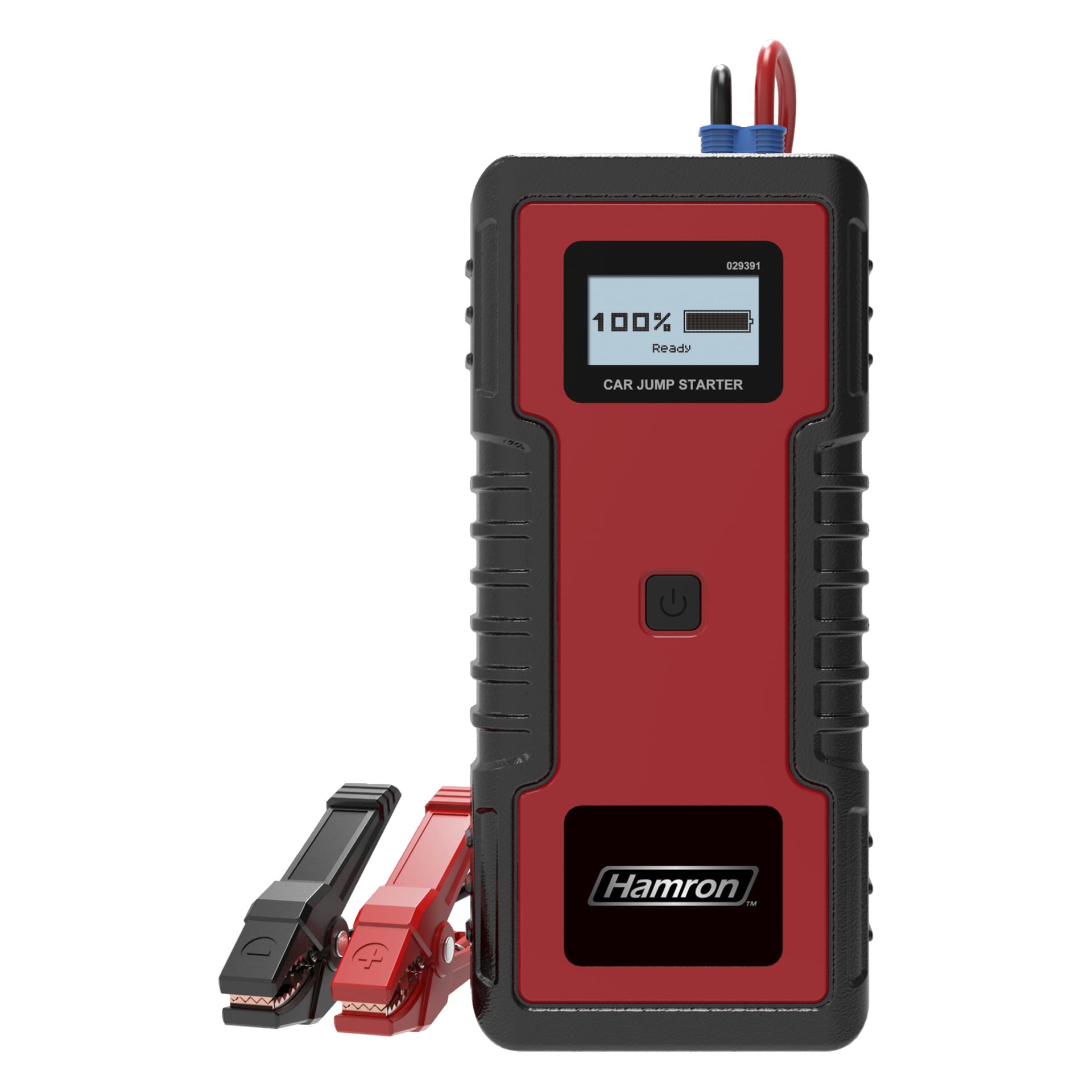 Hamron Capacitor-startaren har en robust svart och röd yta, inkluderar en digital skärm som visar full laddning vid 100 %, en strömknapp och levereras med inbyggda svarta och röda startkablar.