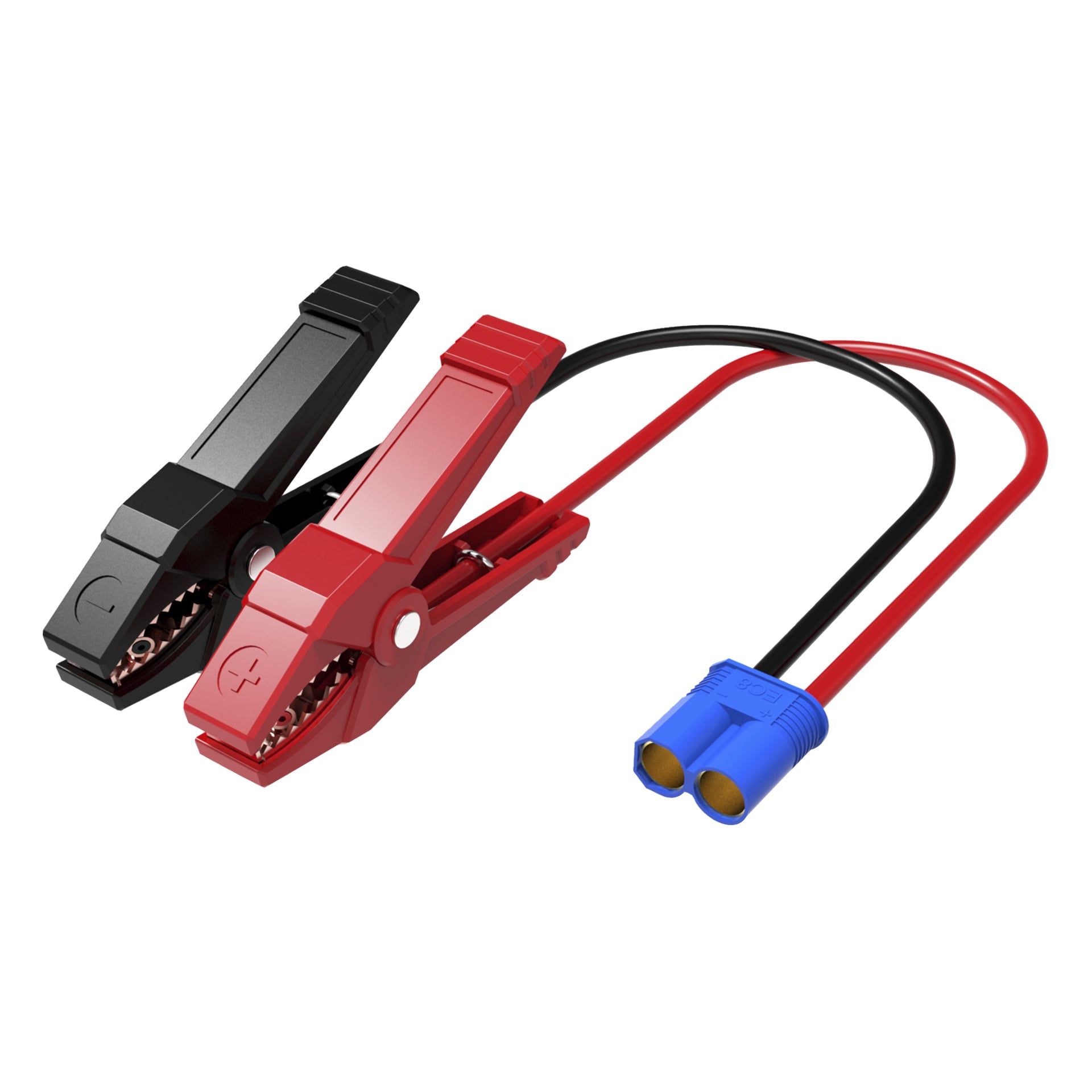 Röda (positiva) och svarta (negativa) klämmor från en Hamron Capacitor Jump Starter är kopplade till en blå kontakt med två runda uttag.