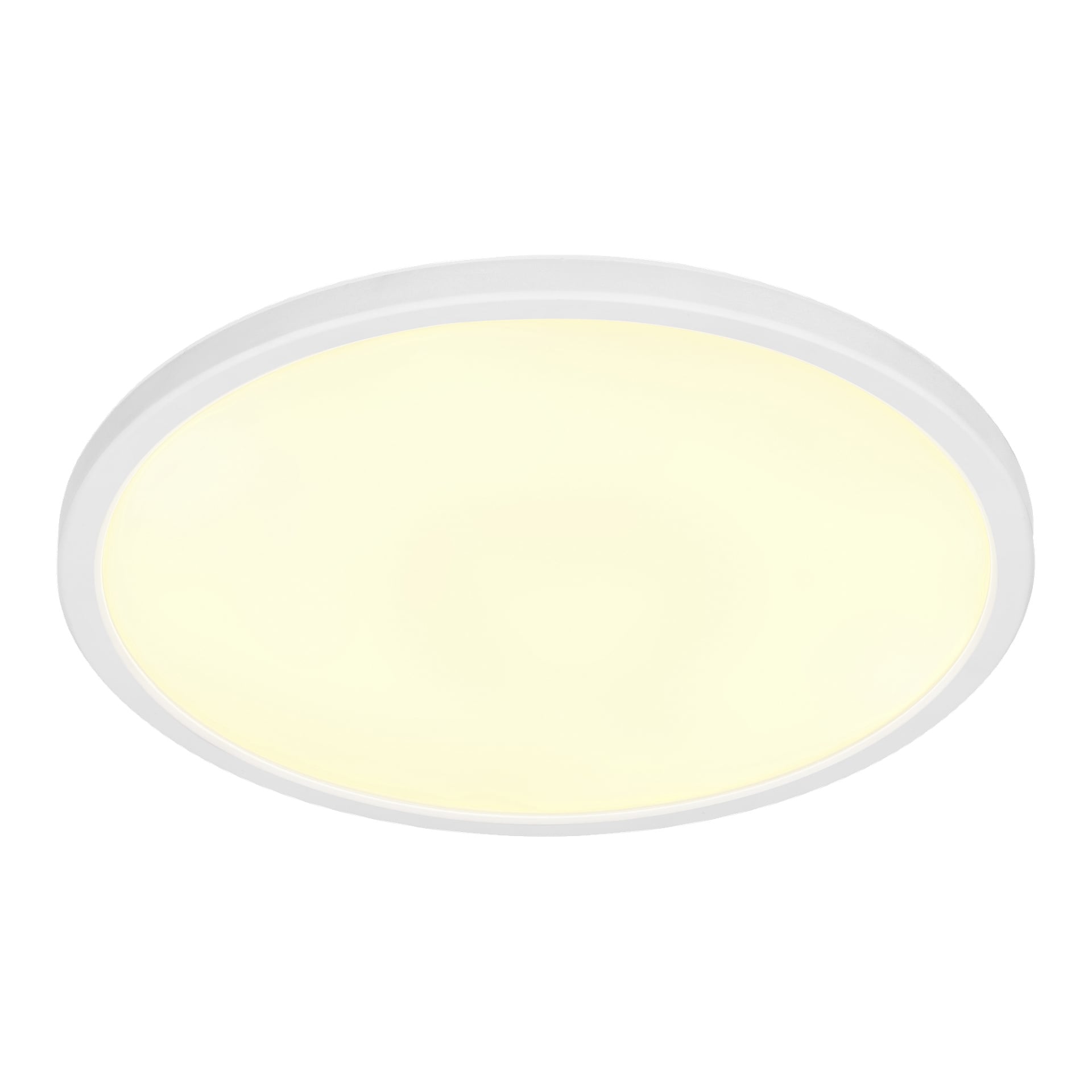 En dimbar LED-taklampa från Anslut visar upp ett slankt, modernt utseende med lätt rundade kanter och är upplyst, vilket ger ett enhetligt, mjukt sken.