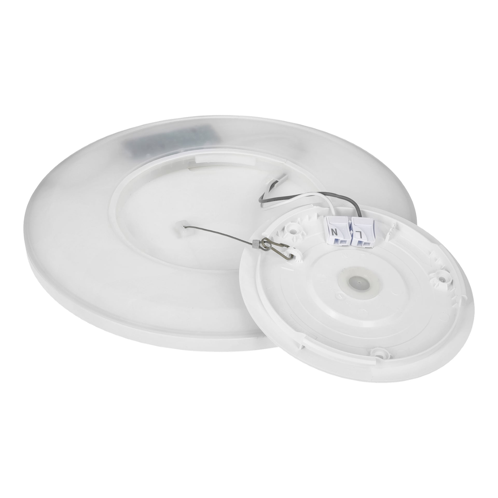 En rund vit Anslut dimmbar LED-taklampa med delvis avtaget lock, vilket exponerar interna ledningar och kontakter.