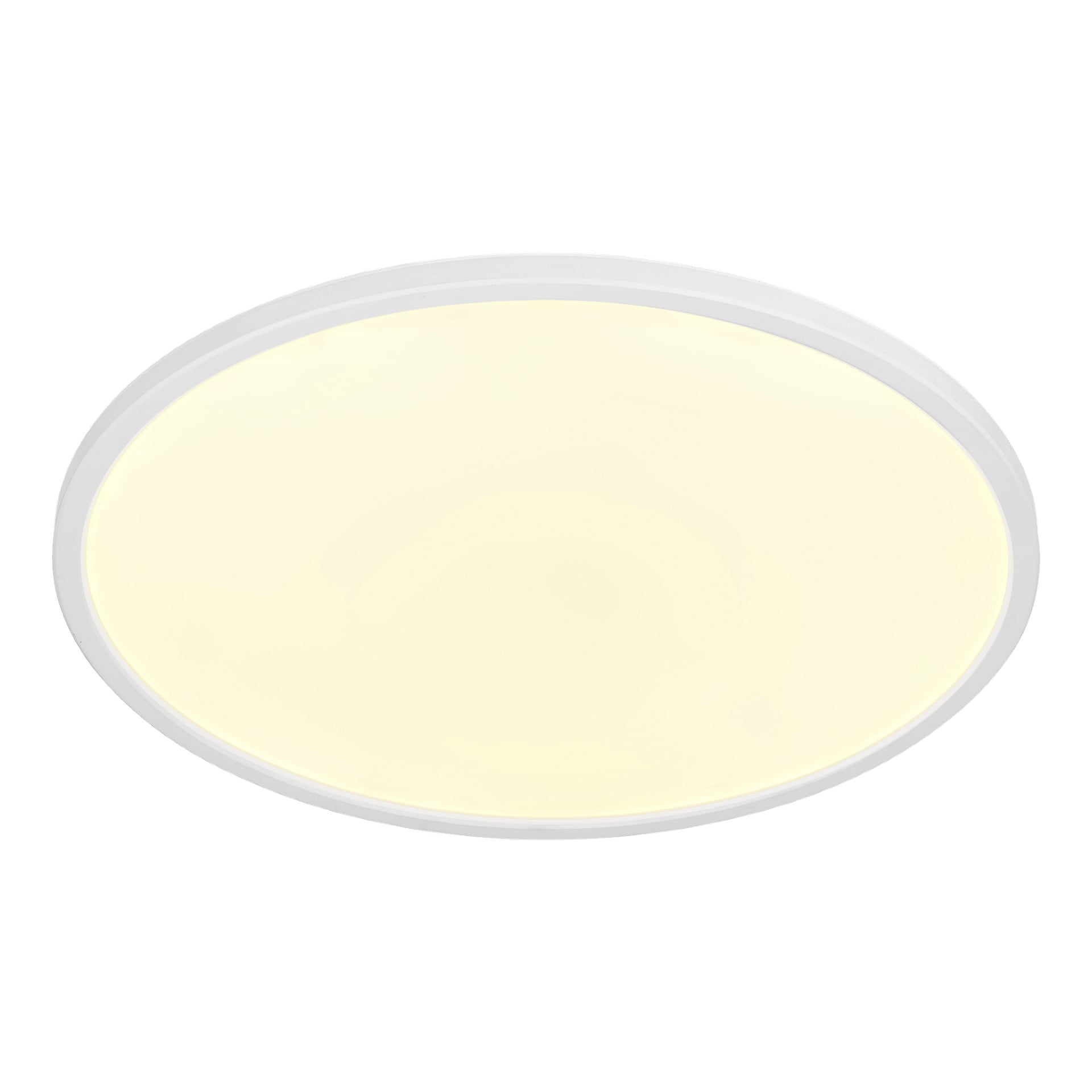 Anslut Dimmable LED-taklampa har en cirkulär form med vit ram som kastar ett mjukt, varmt ljus. Dess belysning är jämnt fördelad över ytan och skapar ett jämnt sken utan synliga lampor eller hårdvara.