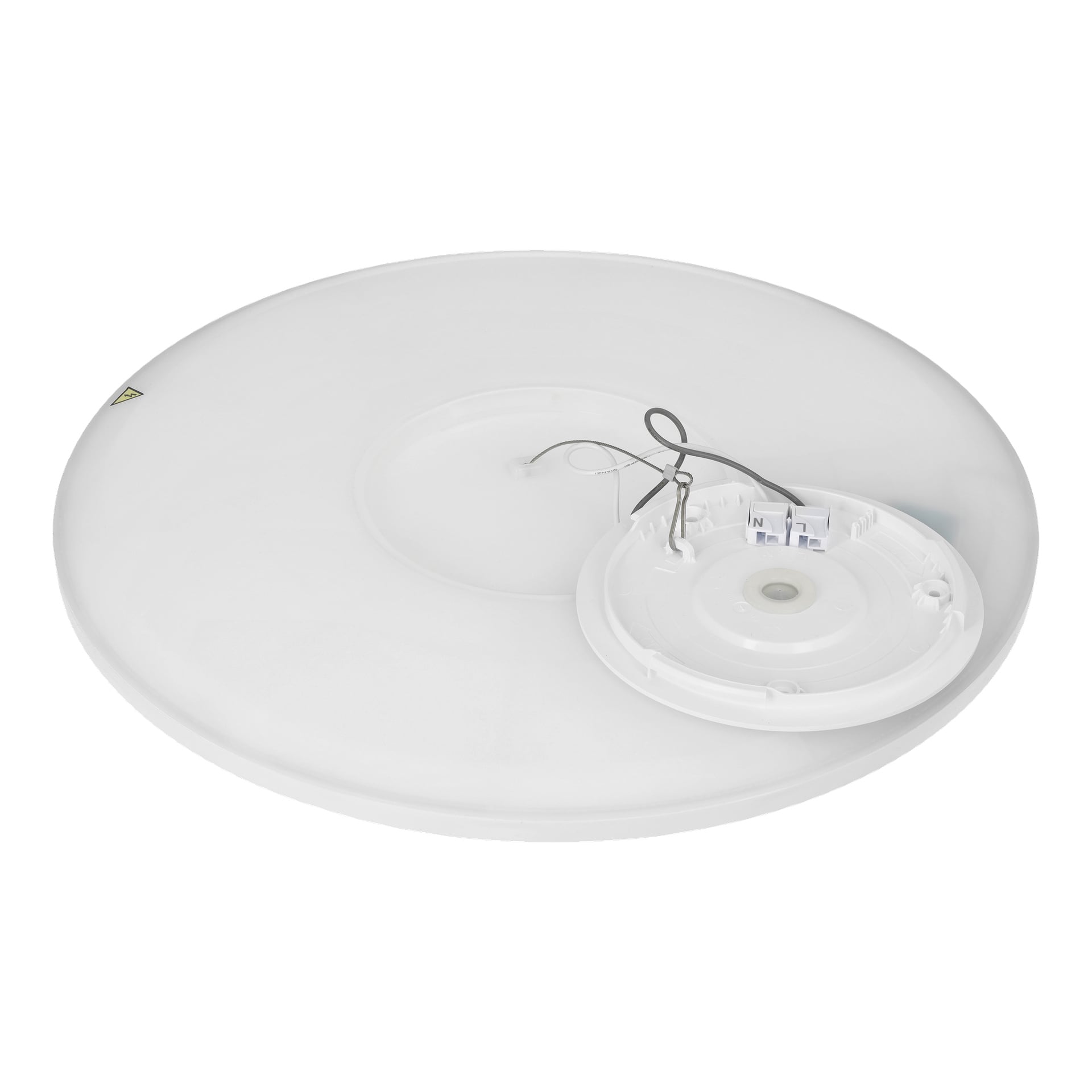 En rund Anslut dimmbar LED-taklampa med sitt vita lock delvis avtaget, vilket exponerar interna ledningar och elektriska anslutningar.